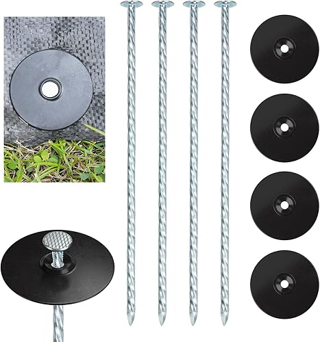 Estacas de paisaje resistentes de 8 pulgadas con tapas de junta, 100 juegos de picos de jardín en espiral galvanizados para asegurar tela de barrera