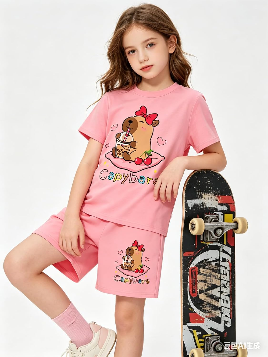 Girls Summer Clothes Cute Capybara Print & Cherry Bow Short Sleeve Shorts Set Tween Girl Outfits Size 6-12