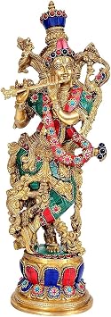 Liv Brass Krishna Statue 14 Inch Large, Lord Krishna Idol with Stonework Finish, Easter Decor House Warming Gifts Religious Sculptures Return Home Temple