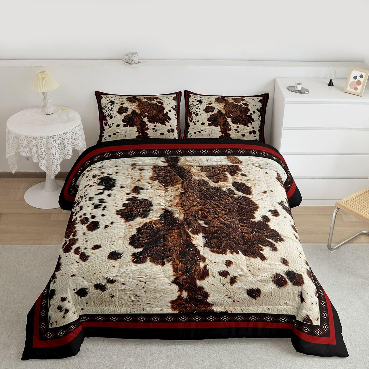 jejeloiu Cow Fur Print Bedding Set Soft for Boys Girls, Cowhide Comforter Set Queen Size Farmhouse Duvet Quilt Microfiber Western Farm Animal Skin Bedroom Decor 3 Pcs with 2 Pillow Cases