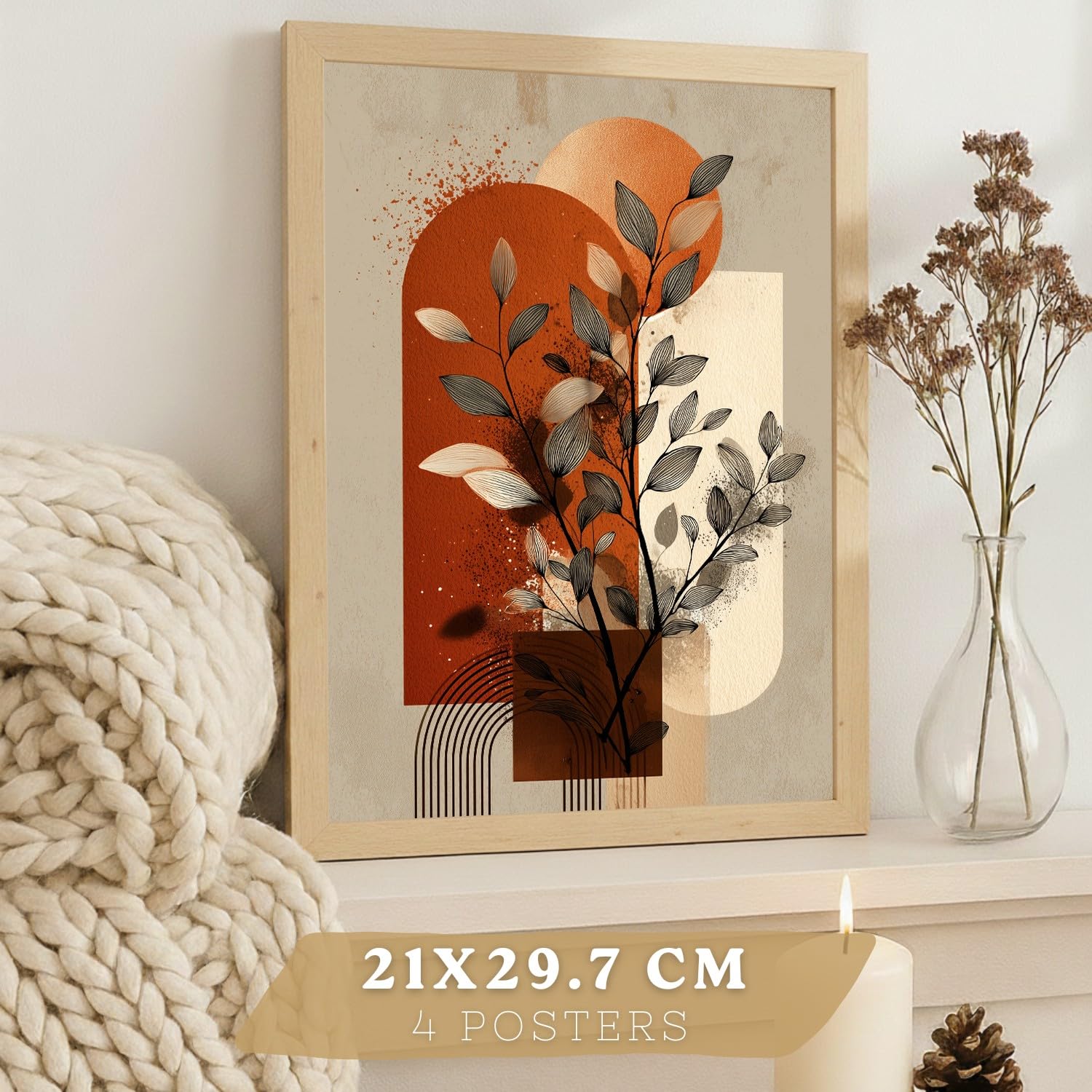 Nacnic Set De 4 Laminas Decorativas Flores Abstractas Cuadros Salon Modernos - Posters Decorativos Rojos Naranjas Decoración Dormitorios Cocina Baño A3 Marco Madera Clara