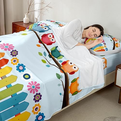 Miniatura 2 de Manfei Juego de sábanas de búhos tamaño matrimonial, juego de sábanas de 4 piezas con estampado de pájaros de dibujos animados con sábana bajera de