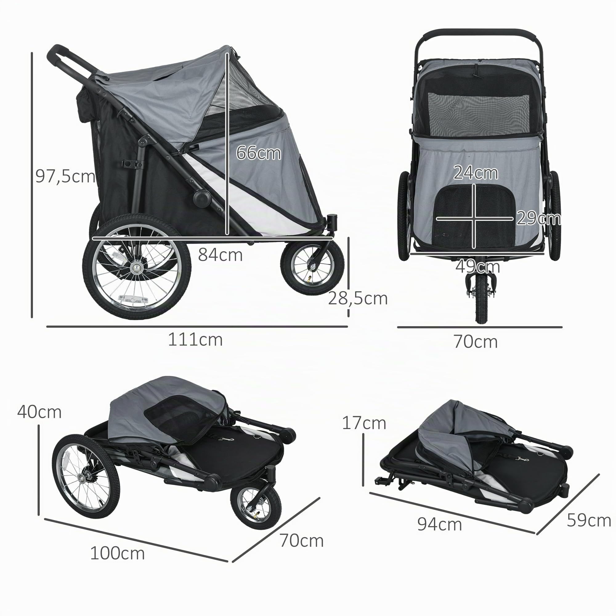 PawHut Passeggino per cani con finestre a rete fino a 30 kg grigio | Passeggino pieghevole per gatto con guinzaglio di sicurezza, grandi ruote in gomma, tessuto Oxford.