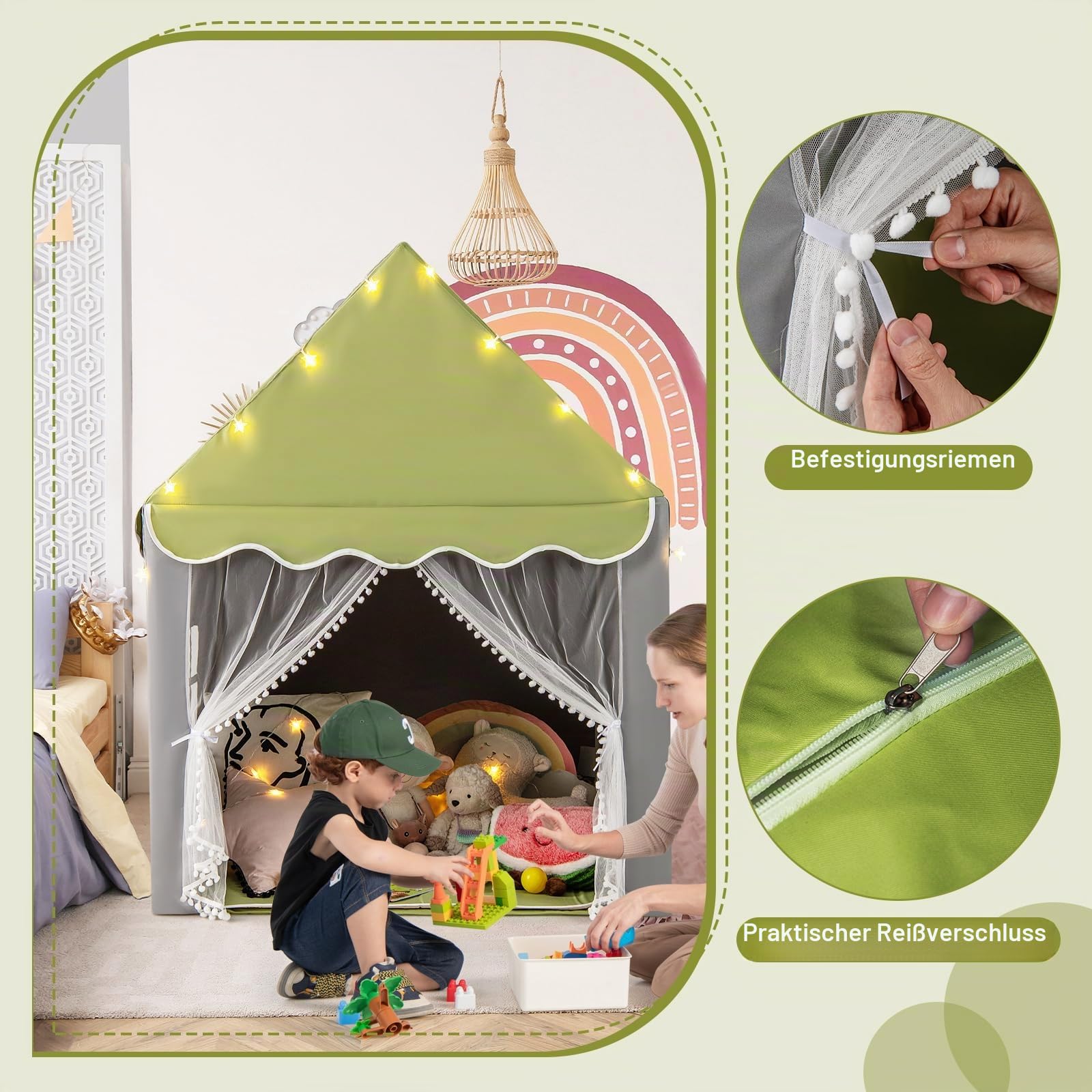 HOMASIS Kinderzelt für Indoor, Spielhaus mit Matte & Sternlichtern & Fenstern & doppeltem Vorhang, Kinder Spielzelt Prinzessin Kinderspielzelt Bettzelt für Mädchen & Jungen (Grün, Warmes Licht)