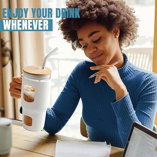 Miniatura 6 de Vaso de vidrio de 24 onzas con tapa y pajilla, taza para café helado con asa, botellas de agua de vidrio con marcador de tiempo, 2 pajillas, popote