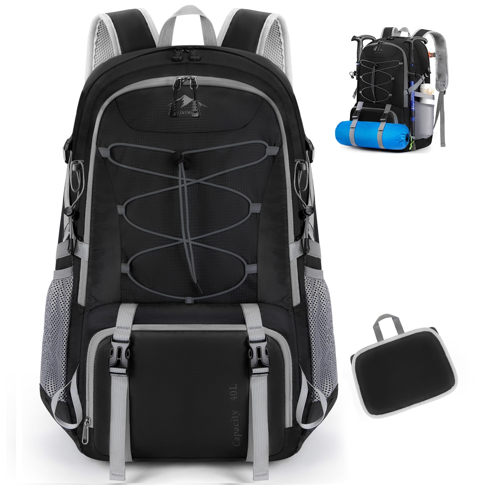 RAINSMORE Zaino Trekking 40 Litri Zaino Pieghevole Impermeabile Zaino Montagna Zaino da Viaggio Uomo e Donna Zaino Escursione per Hiking Campeggio Nero