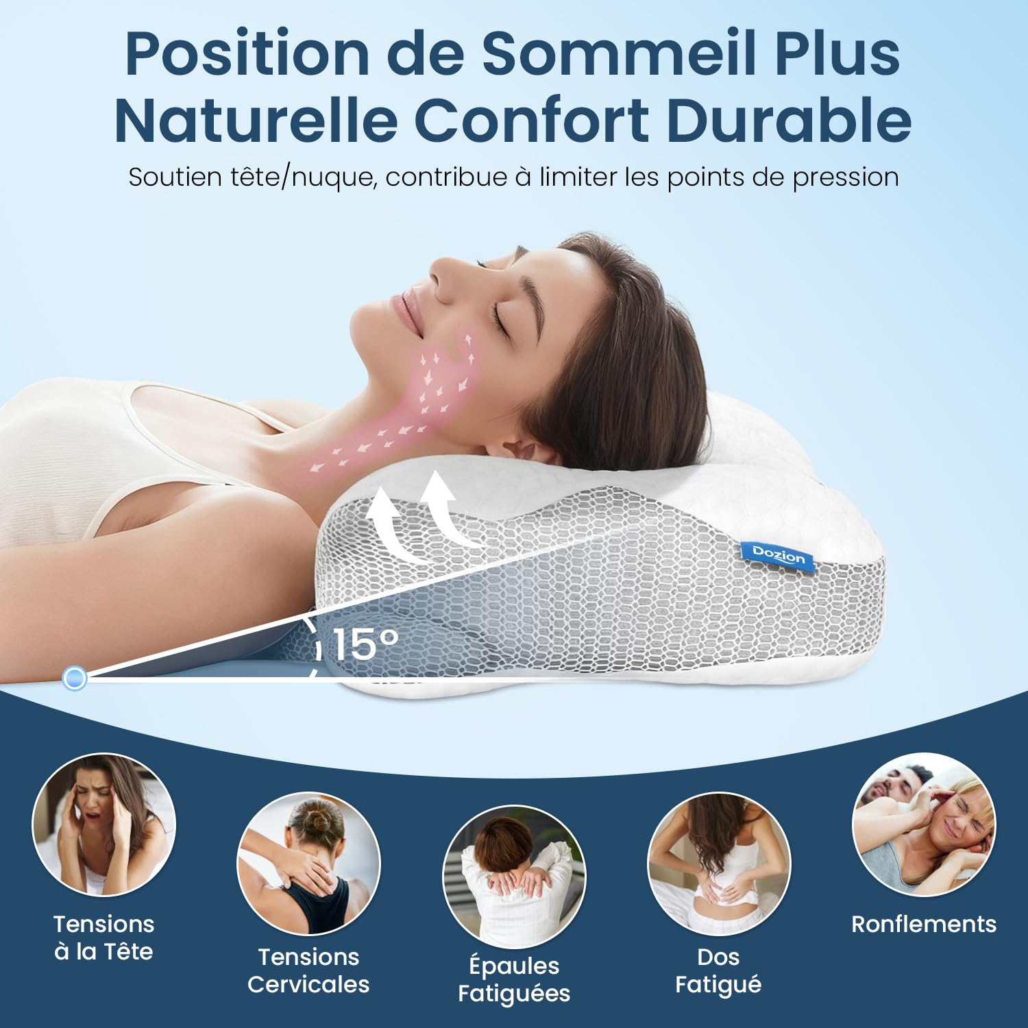 Oreiller Ergonomique Cervical pour Dormir - Oreiller Orthopédique en Mémoire de Forme, Soutien de la Nuque Latéral et Dorsal, Housse Déhoussable et Lavable, 58×40×10/13 cm