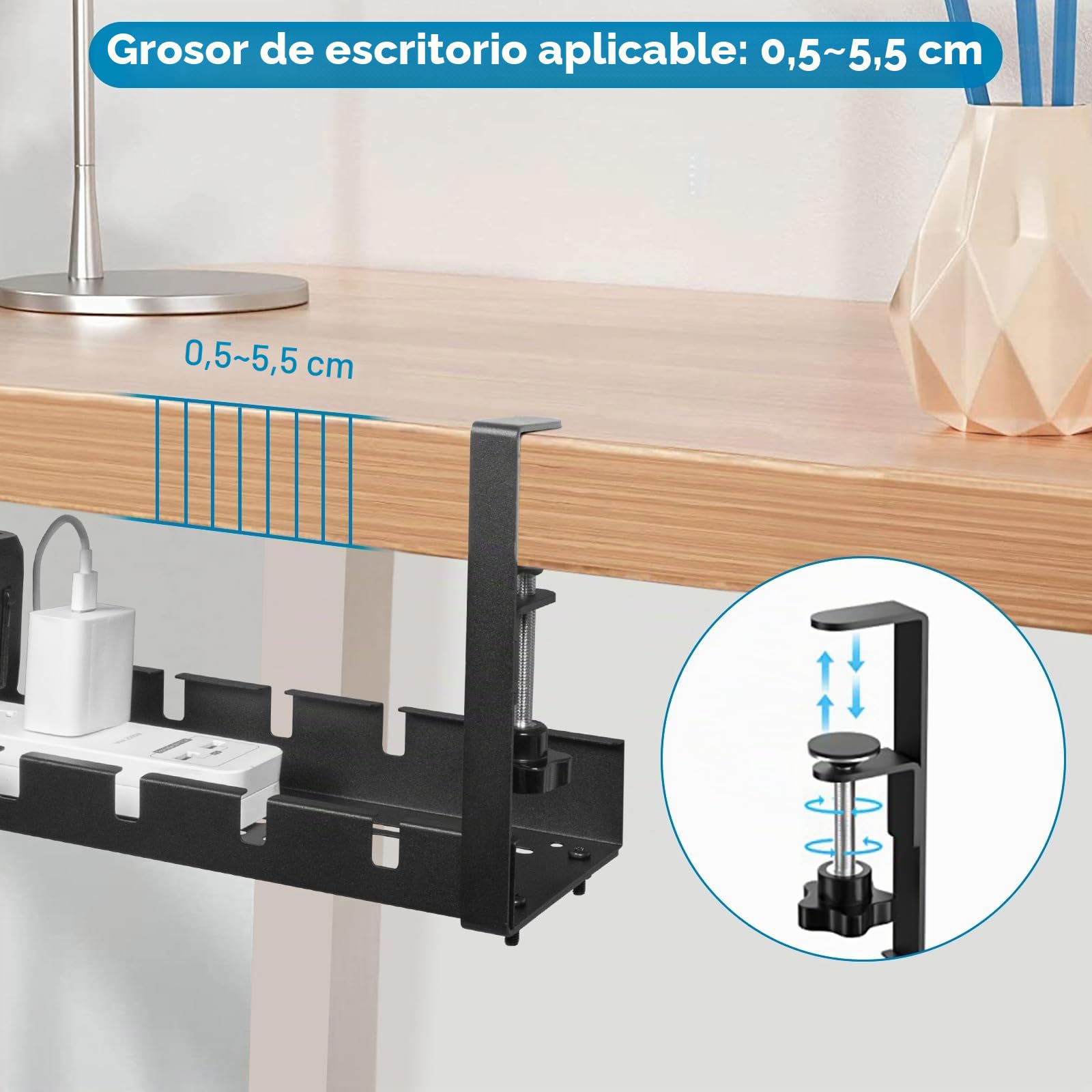 Organizador Cables Escritorio Retráctiles de 28,5CM a 55CM, Bandeja Cables Escritorio sin Taladrar, Gestión de Cables Debajo del Escritorio, Cesta de Bandeja de Cables para Hogar u Oficina