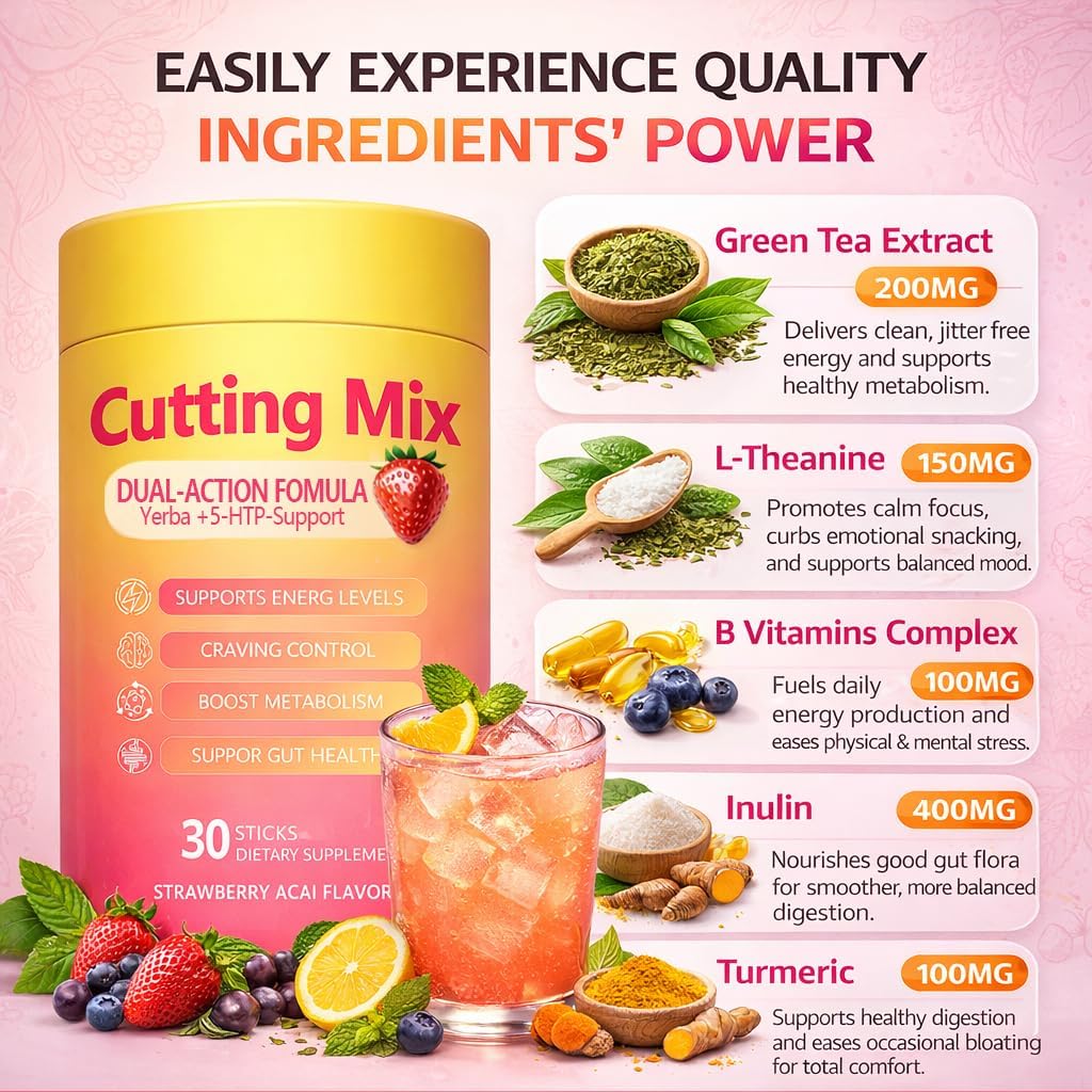 Cutting Drink Mix, Daily Wellness Support with 5-HTP, Yerba Mate & Prebiotic Fiber, Sugar Free Drink Mix Powder Sticks, Flavored Water Mix with Electrolytes, Strawberry Flavor – 30 Servings