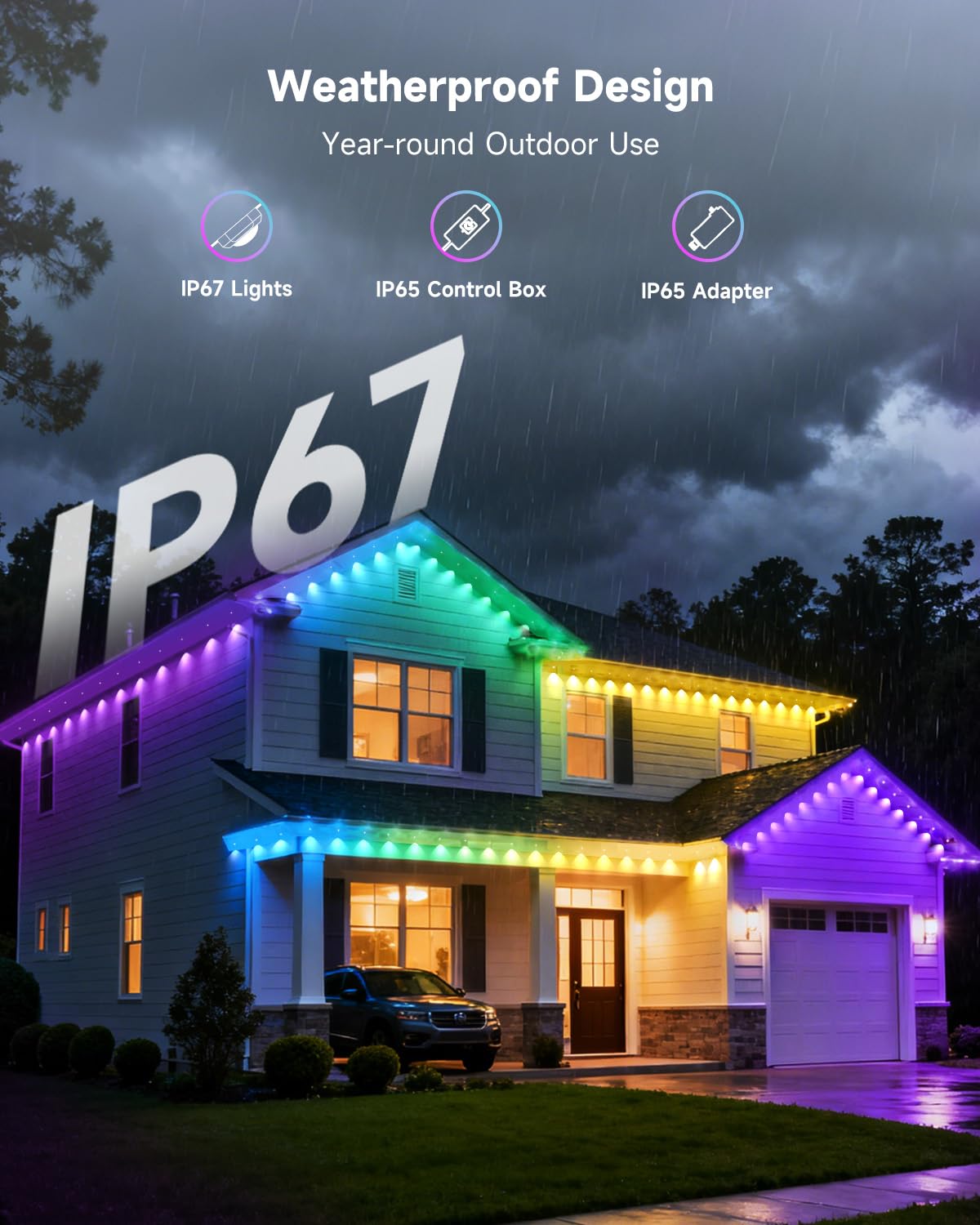 Permanente Außenbeleuchte Lights 15M RGBICW 2700-6000K LED Lichterketten Outdoor IP67 Wasserdichte mit App Steuerung für Weihnachtsdekoration Gartenpartys und tägliche Beleuchtung(Weiße 50FT)