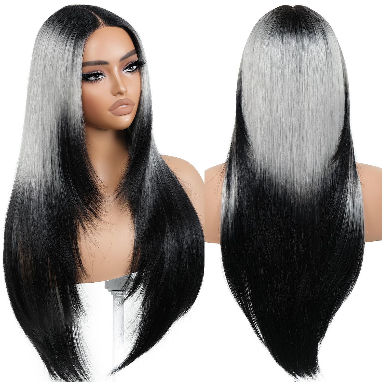 Photo 1 of BrownBomb Ombre Sliver Grey Wear and Go Glueless Wigs Pre Plucked Pre Cut for Beginners Synthetic Lace Front Wigs With Bangs Long Straight layered Wigs HD Lace 26 Inch 3 Seconds to Wear for Beginners