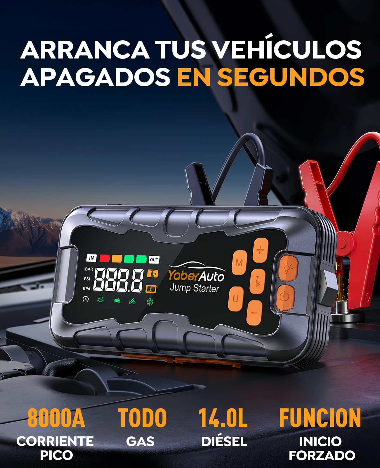 Arrancador de Bateria de Coche 8000A, 16-en-1 YaberAuto Arrancador de Coche Portatil (Todo Gas/Diésel 14L) con Compresor de Aire 160PSI, Kit de Emergencia Multifunción con Guantes Aislantes