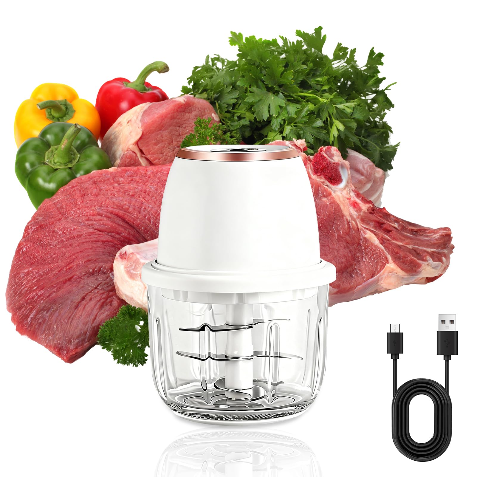 Picadora de cebolla, picadora de cocina, 350 ml, 6 cuchillas de acero inoxidable, con cable de carga tipo C para cocina casera y acampadas, apta para picar carne, cebolla y pimientos (blanca)