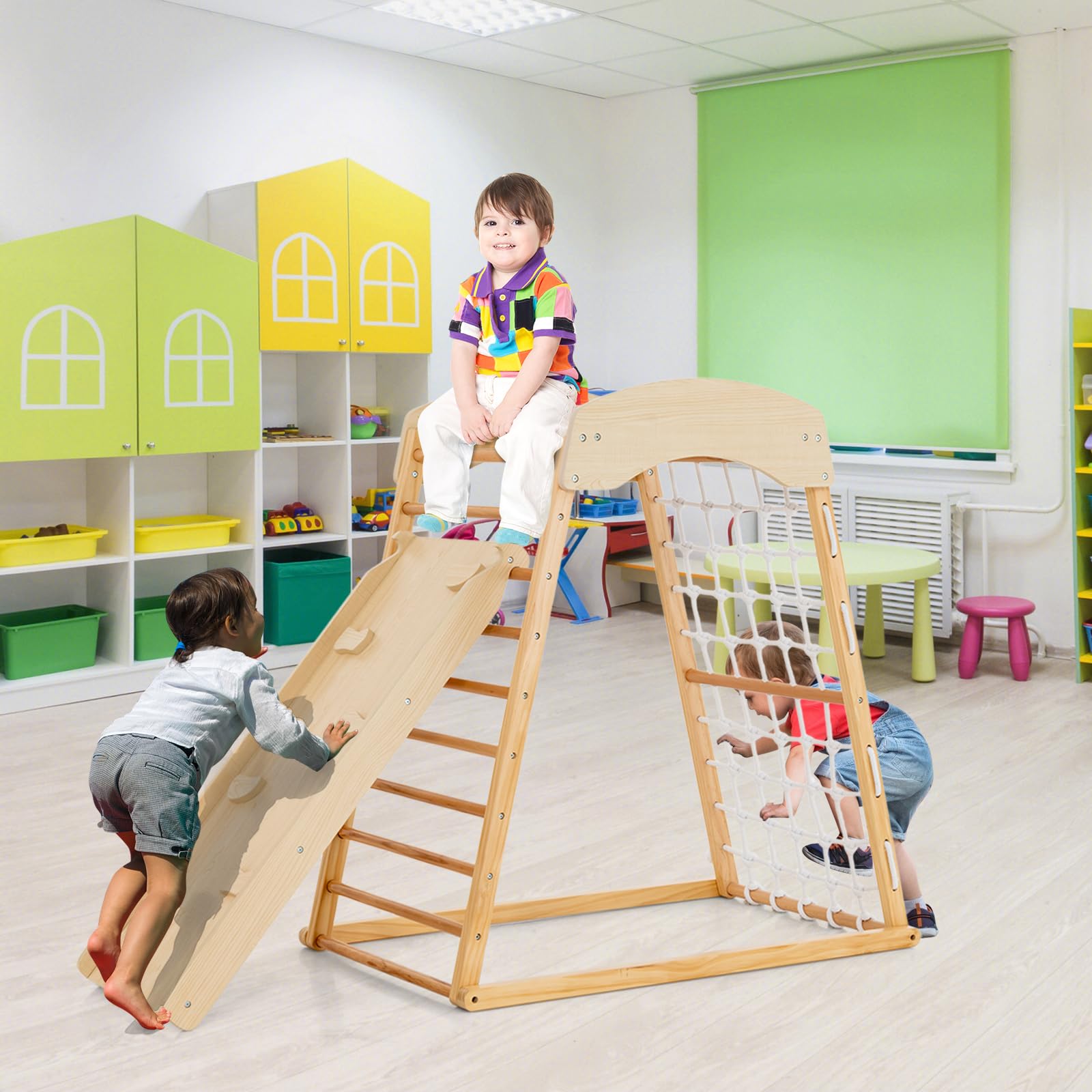 HOMASIS 6 in 1 Klettergerüst, Kletterdreieck mit Rutsche, Pull Up Bar & Kletternetz, Spielgerät Indoor, Kinder ab 1 Jahre, Kletterspielzeug zum Rutschen & Klettern (Natur)