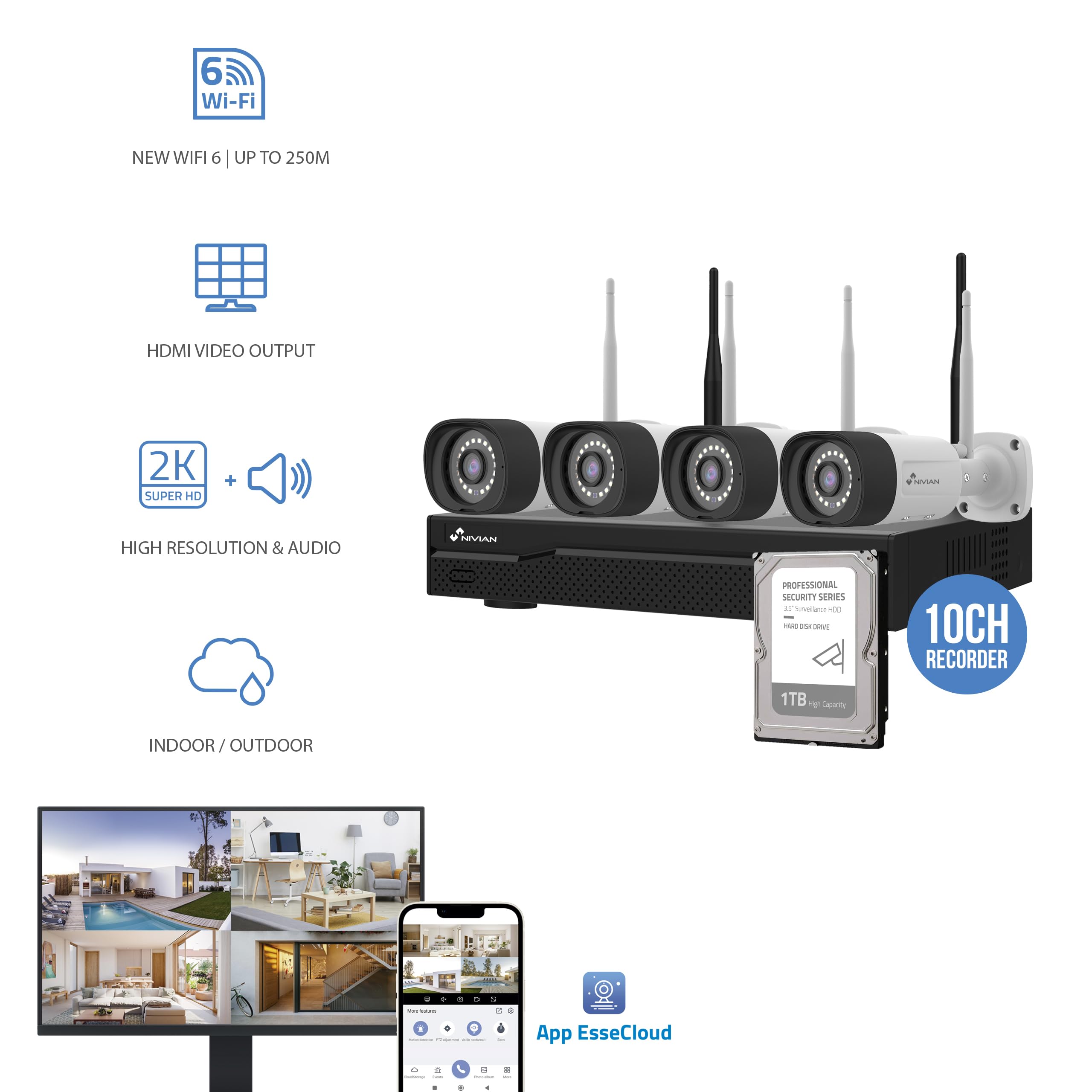 NIVIAN, Kit Caméras de Surveillance WiFi 2K Professionnel avec 4 Caméras IP, NVR 10 Canaux, Images Super HD, Détection Humaine IA, Vision Nocturne, Audio, HDMI, App EseeCloud, Enregistrement HDD