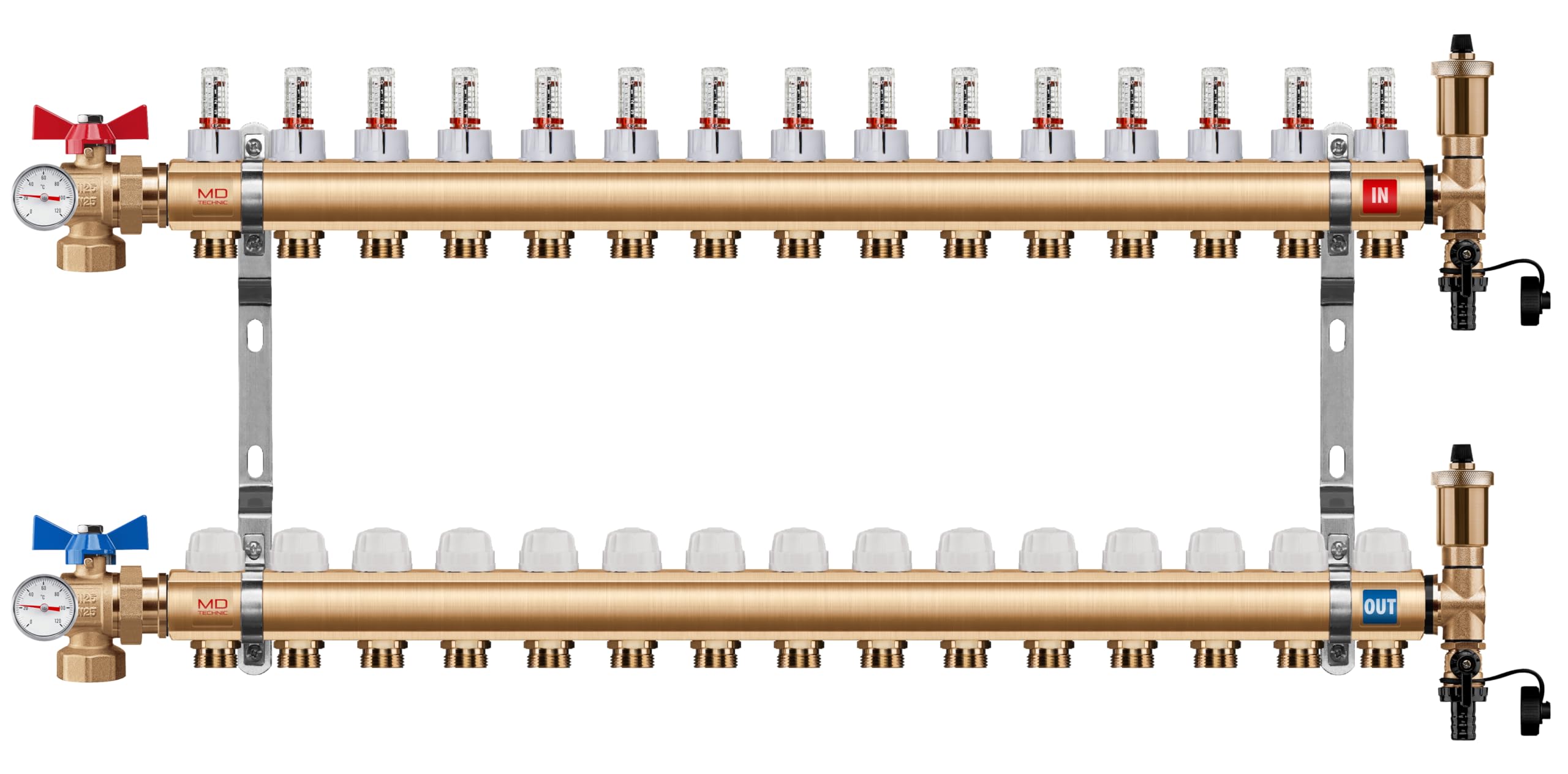 Heizkreisverteiler aus Messing von 2 bis 16 Heizkreisen mit Druchflussmesser, Handventilen, Wandhalterungen, Endset zum Befüllen, Auto. Schnellentlüftern (Kugelhahn Winkel, 15 Heizkreise)