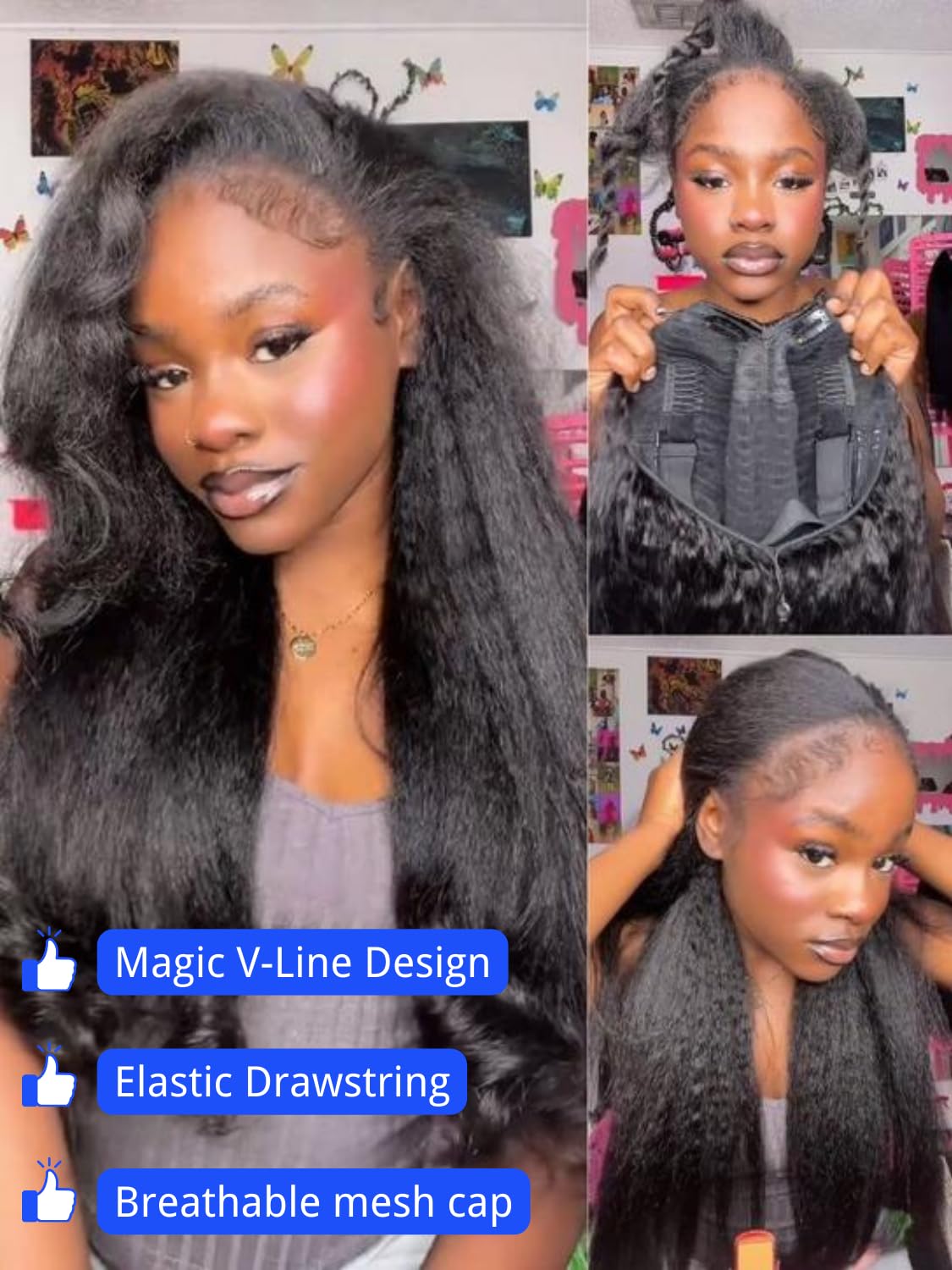 Nadula V Part Wigs Kinky Straight Human Hair with Drawstring,Glueless Easicontour V-Part Clip in Upgraded U Part Kinky Wig for Women No Leave Out Ready to Wear Beginner Friendly 150% Density 20inch