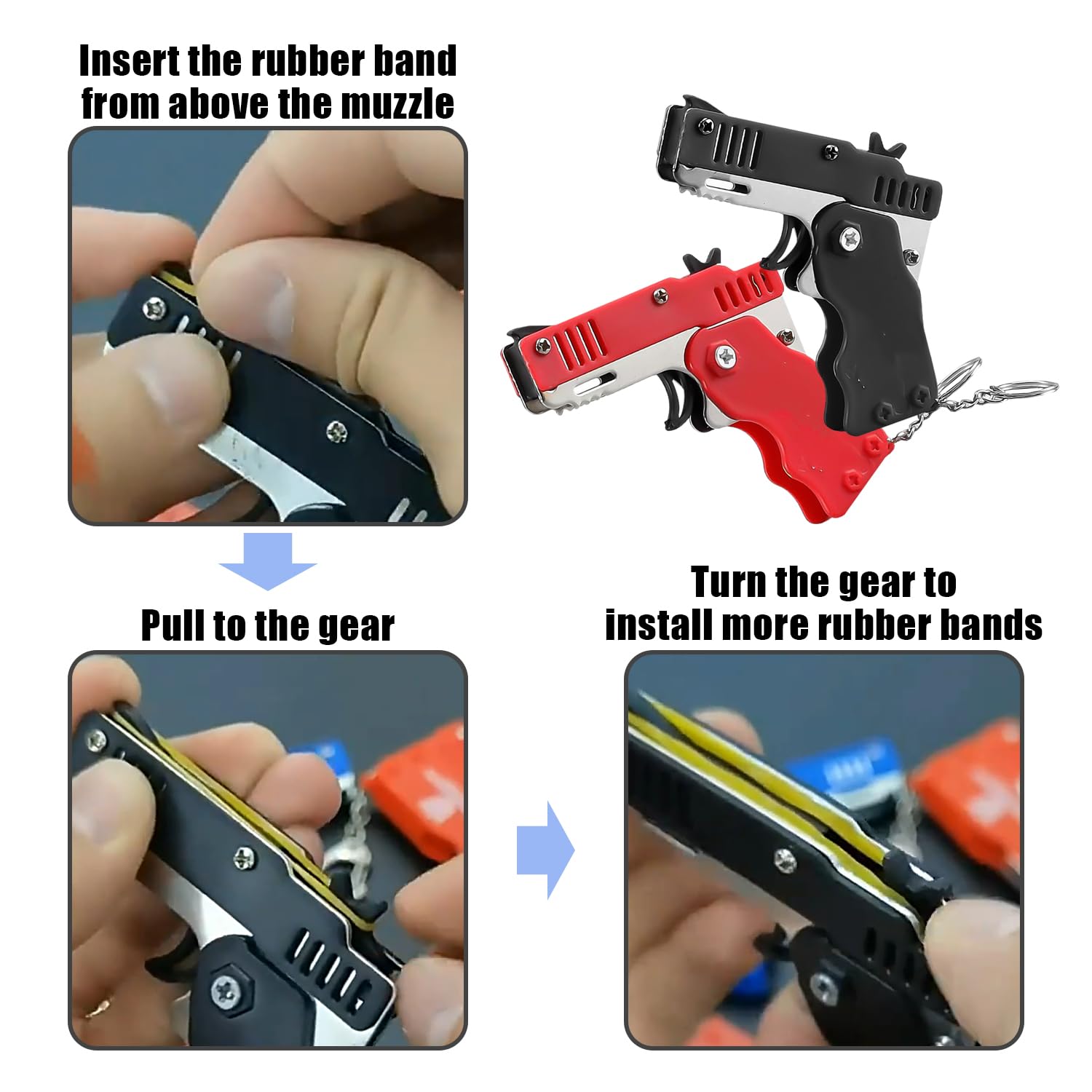 Pistolet gumowy z 180 gumowymi taśmami, składany pistolet zabawkowy, gumowy pistolet zabawkowy, metalowy brelok do kluczy, wisiorek, odpowiedni dla dzieci i dorosłych (czerwony, czarny)
