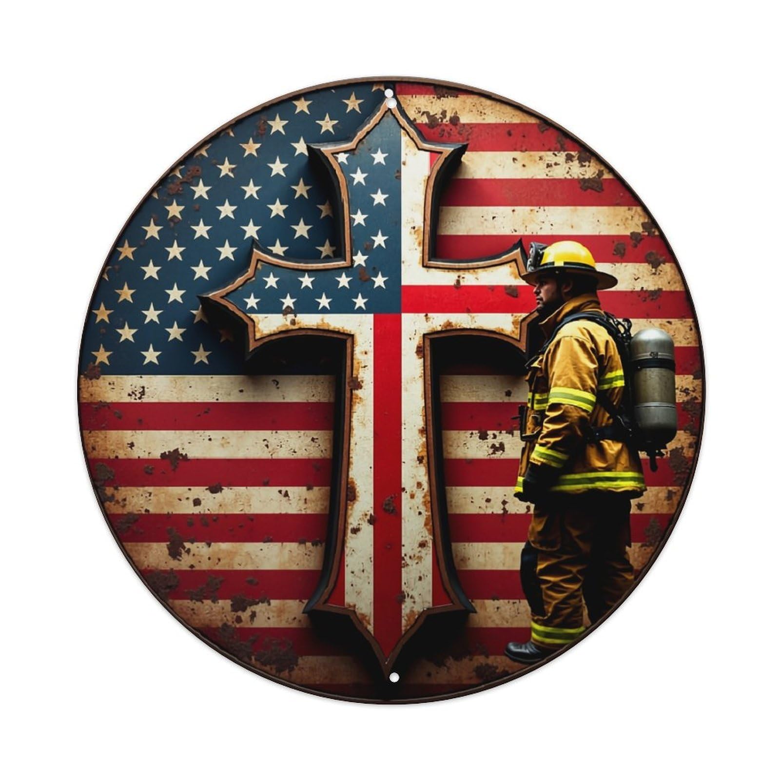 Jdyaojiesheng Vintage American Flag Cross Firefighter Round Tin Sign Retro Metal Wall Decor Metal Poster, Home Bar Garage Farmhouse Cafe Wall Art Decoration 8X8inch