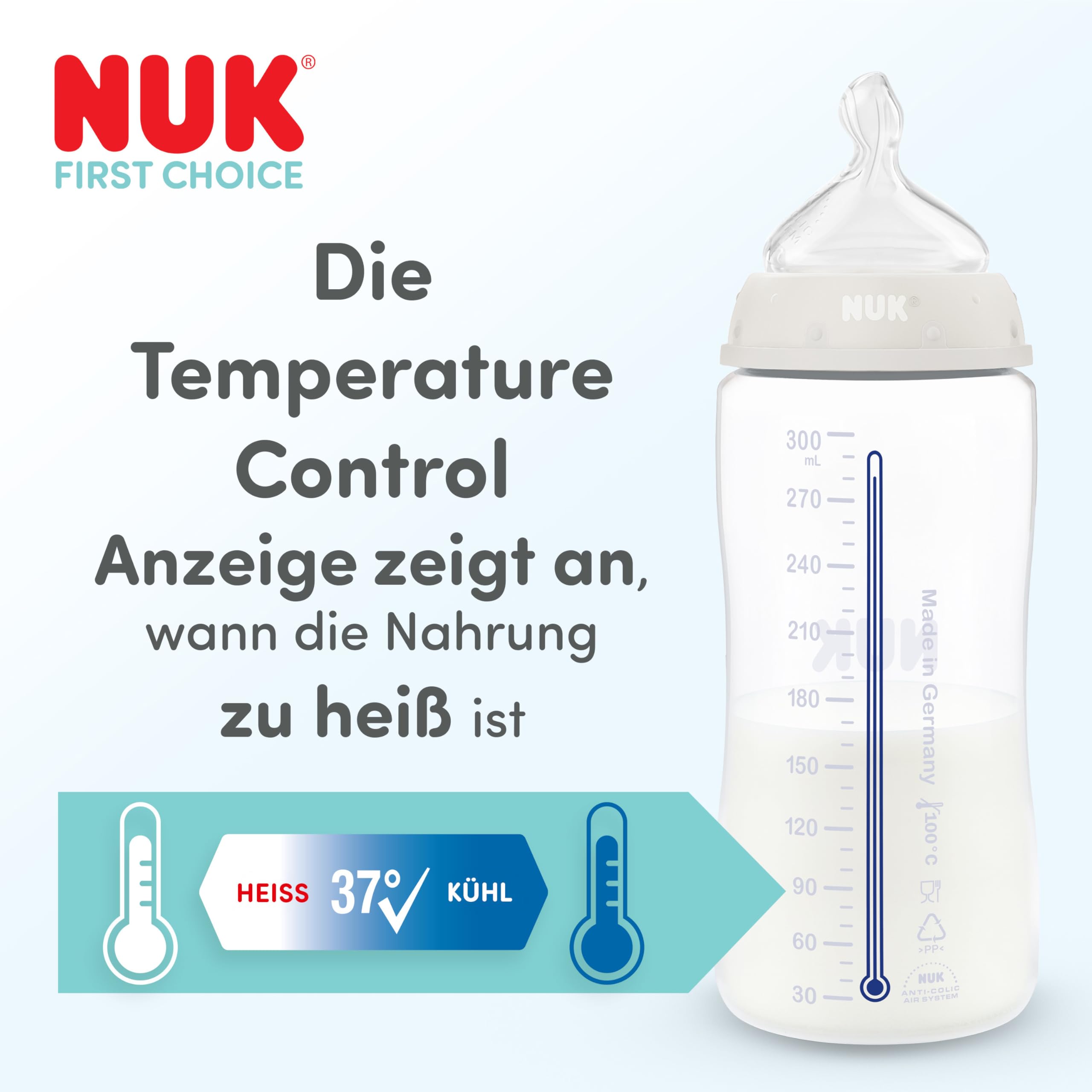 NUK First Choice Butelka dla niemowląt | 0+ miesięcy | 150 ml | Butelka przeciwkolkowa | PP | Wskaźnik kontroli temperatury | Wieloryb | 1 sztuka