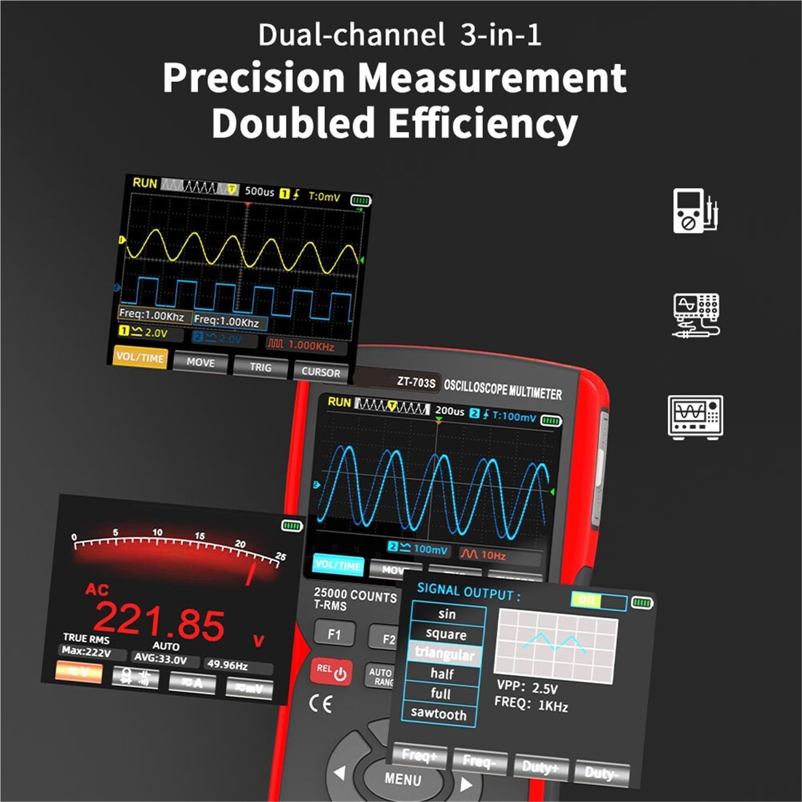 Digitales Oszilloskop ZT-703S 3in-1-Handoszilloskop Automotive Zweikanal 50 MHz Mit Digitalmultimeter Und Signalgenerator für Test und Analyse
