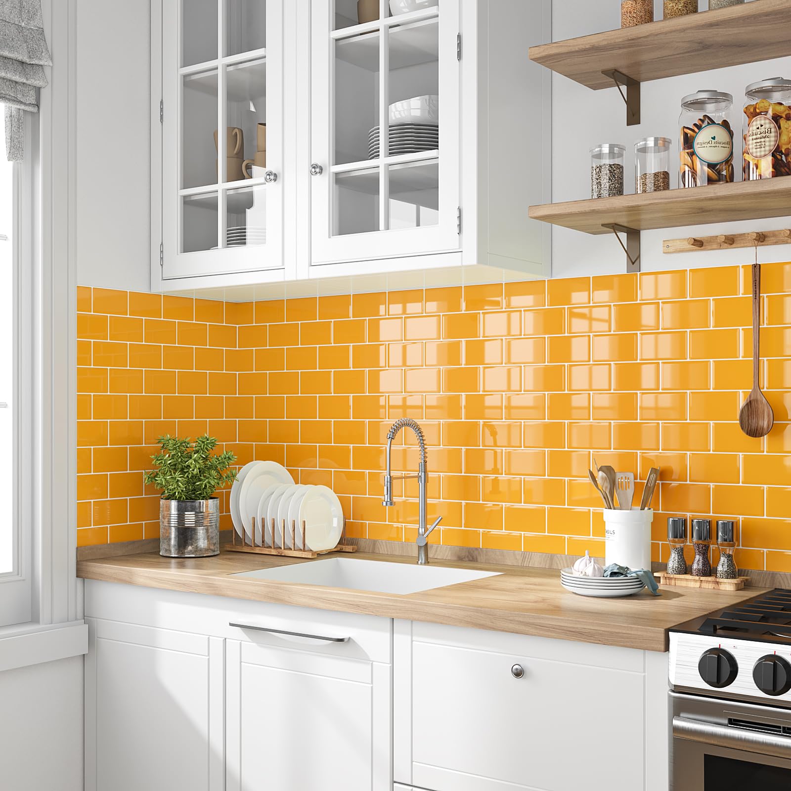 VEELIKE Azulejos Adhesivos Cocina Amarillo Brillante Rectangulares 3D Baldosas Adhesivas Pared Baño Vinilo Cocina Pared Azulejos Adhesivos Pegatinas de Baldosas Lavanderías 30.5cm×30.5cm 12 Piezas