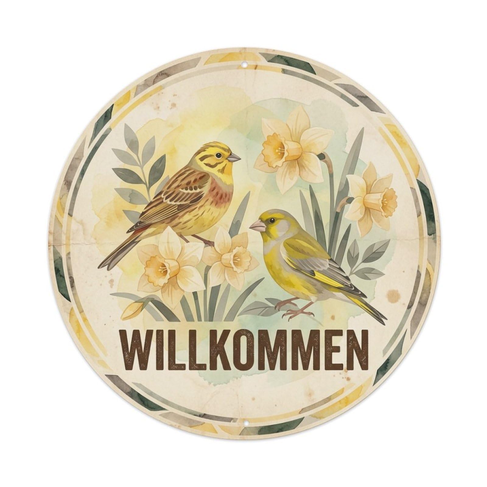 Daffodil Willkommen Watercolor Bird Slogan Metal Tin Sign
