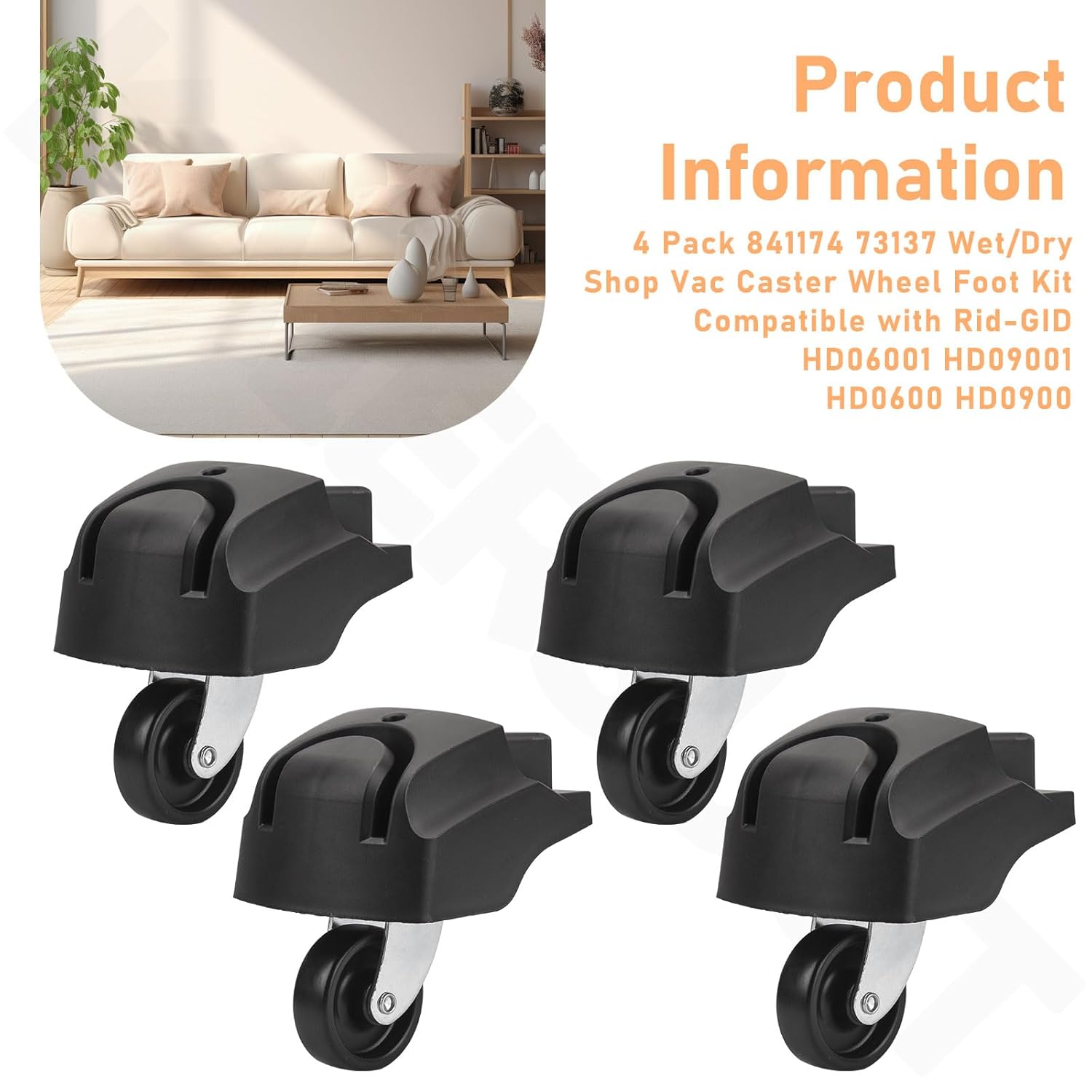 4 Pcs 841174 Wet/Dry Shop Vac Caster Wheel Foot for Rid-GID HD06001 HD09001 HD0600 HD0900, Replace Part 73137