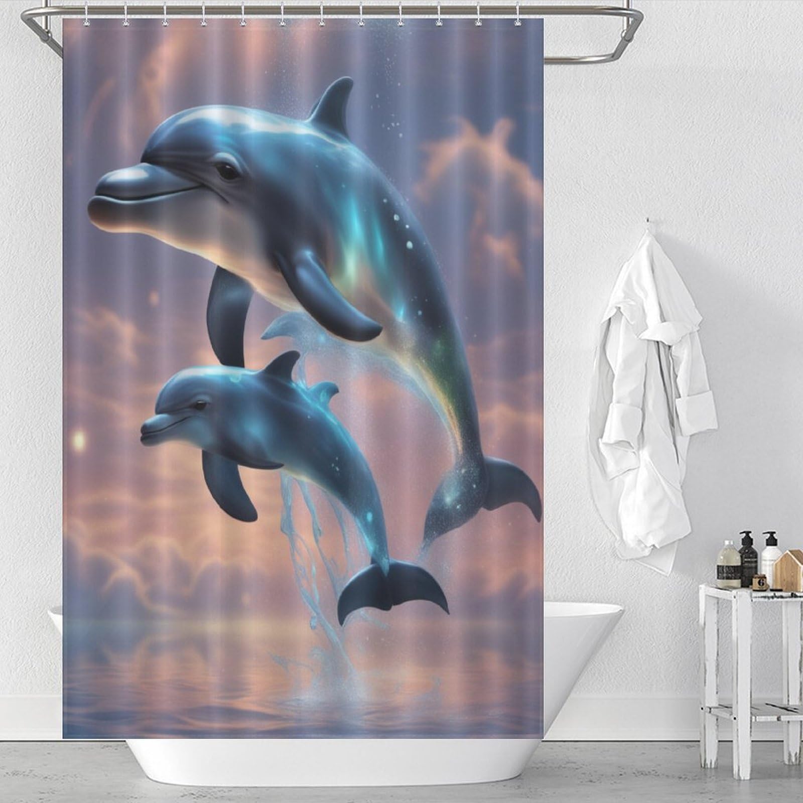 Rideau douche tissu polyester étanche et lavable avec crochets pour cabine