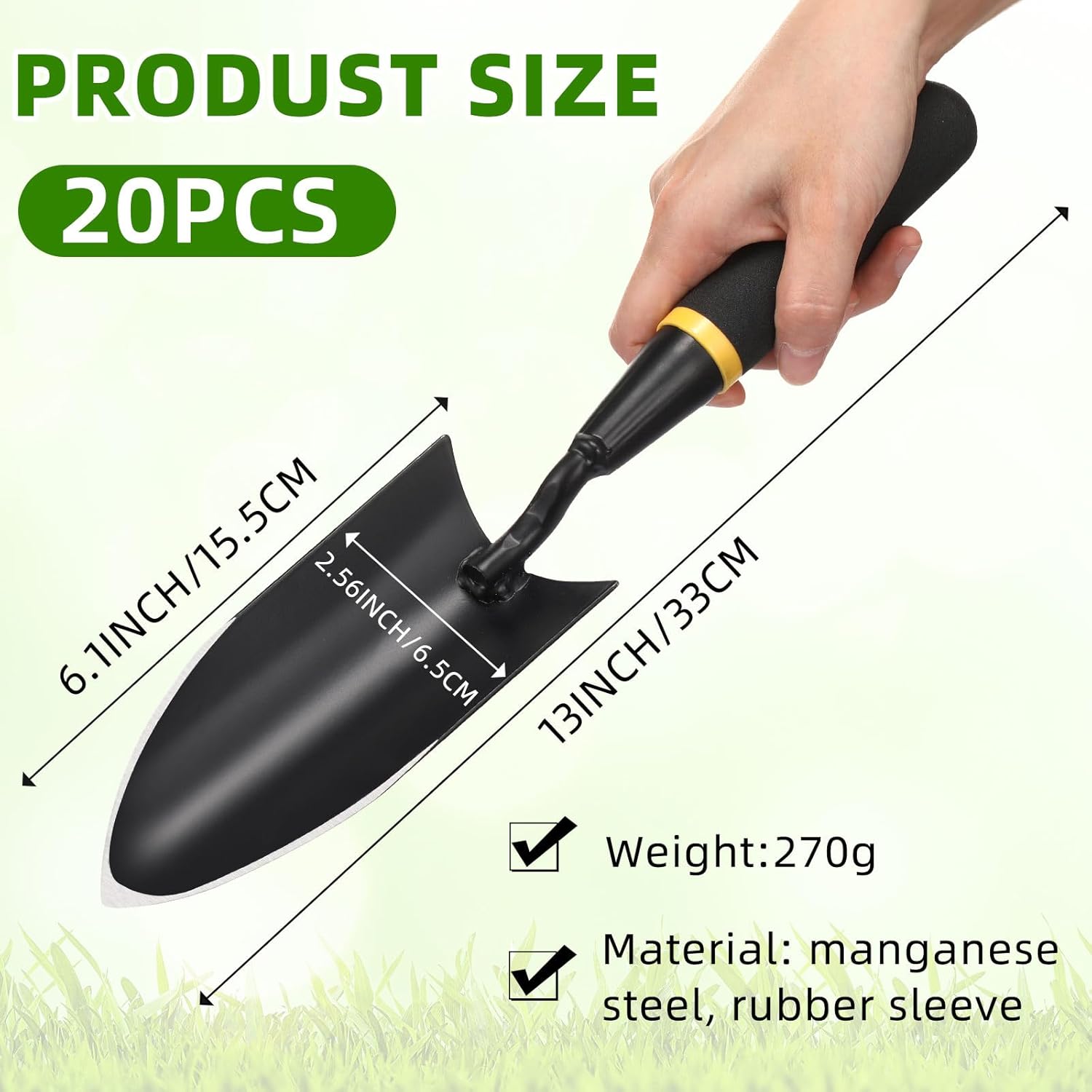 20 Pcs Garden Hand Trowel Heavy Duty Carbon Steel Garden Shovels Tools with Resin Rubberized Handle for Camping, Digging, Soil Planting, Transplanting, Lawn Yard Farm (Narrow Trowels)
