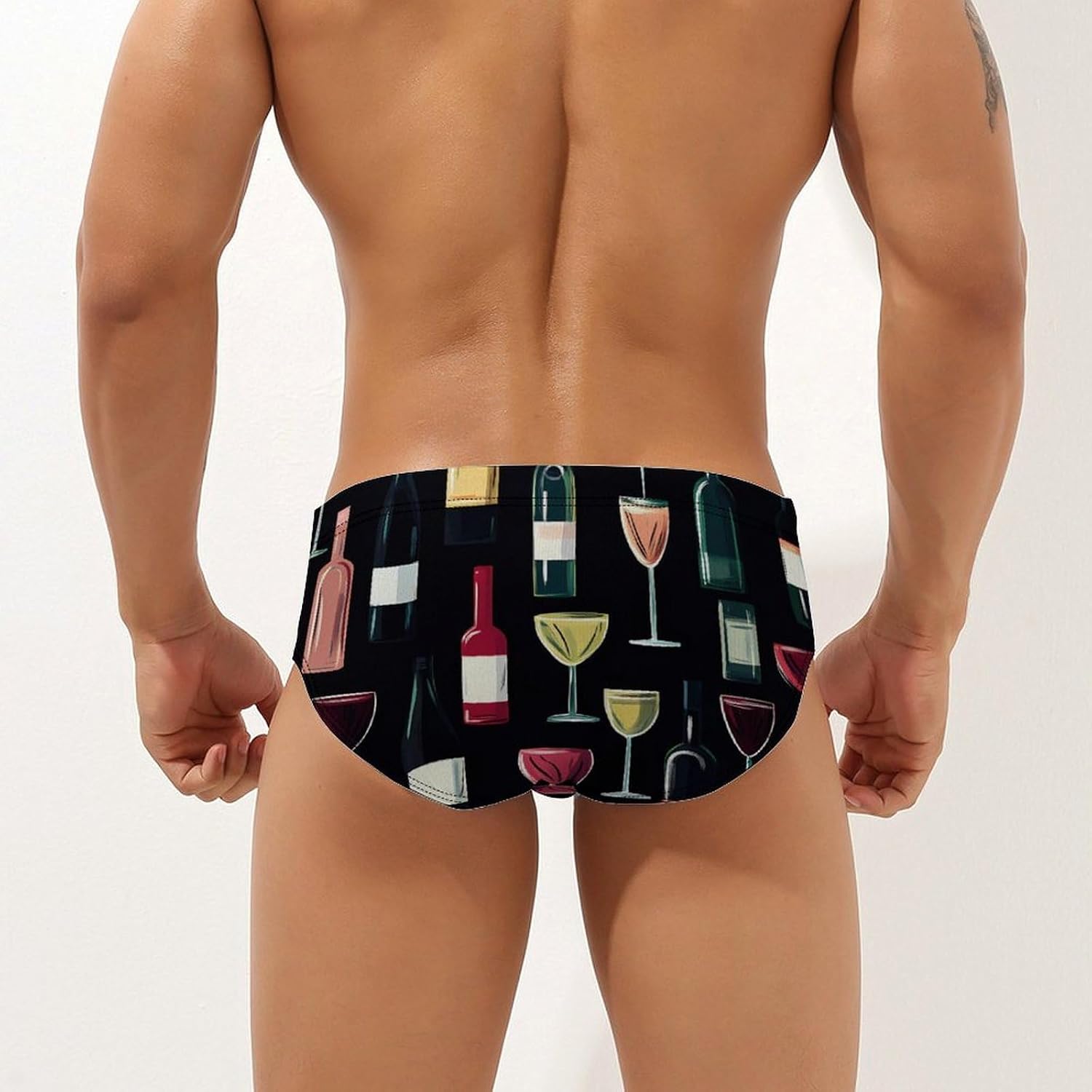 Wine Glass and Wine Bottle Mens Swim Briefs Print Bikini Swimwear Sport Swimsuit Surf Shorts Trunks