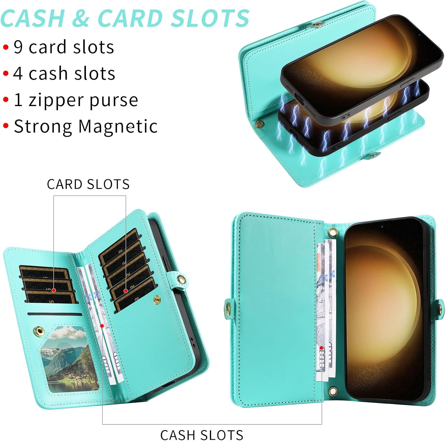 Phone Case for Samsung Galaxy S23 Plus S23+ 5G Zipper Wallet Detachable Cell Cover with Screen Protector Crossbody Strap Bling Flip Credit Card Holder S23plus 23S + S 23 23+ SM-S916U Women Girls Teal