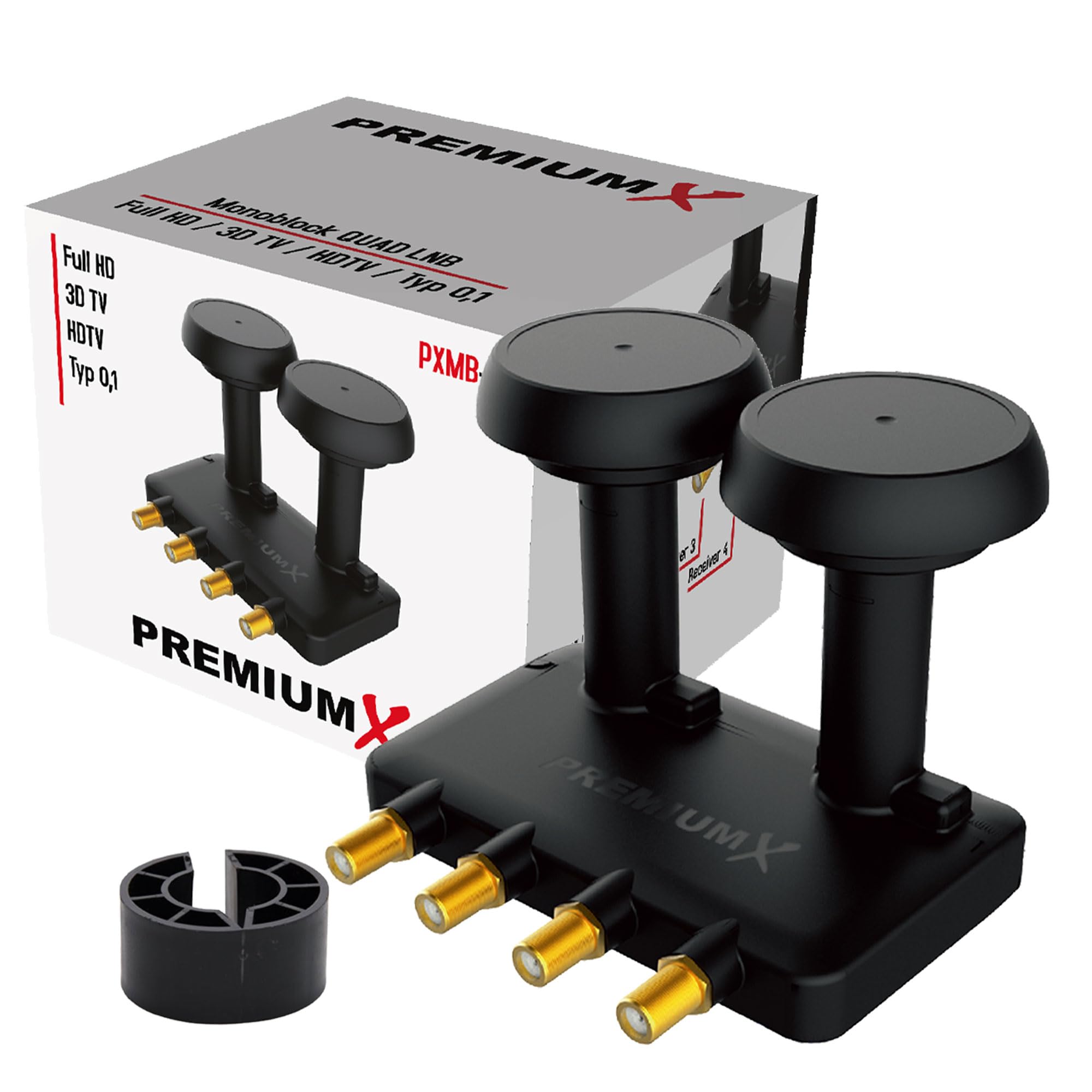 Premium X Quad LNB monobloc - 4 voies - pour 4 participants - 4K Full HD - Avec protection contre les intempéries pour antenne satellite Astra 19,2° Hotbird 13° - Récepteur TV numérique - Noir