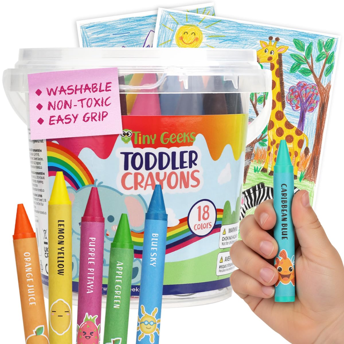 TinyGeeks Jumbo Crayons For Toddlers 3-8 - 18pc Toddler Baby Crayons For Kids Ages 4-8 & 3-4 - With Printed Coloring Sheets - Washable, Non Toxic and