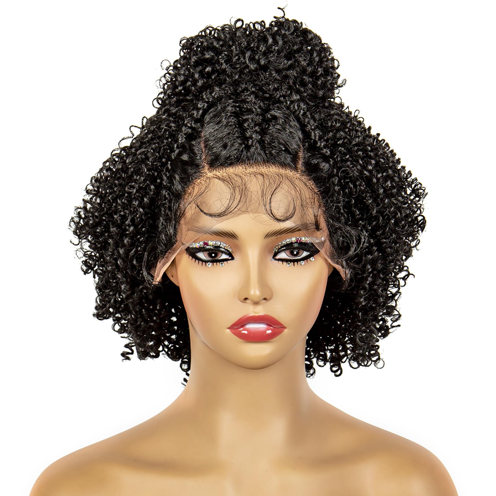 sedittyhairSynthetic Lace Frontal Braided Wigs with Curly Afro Cornrow Short Bob Box Braiding Hair Wigs with Baby Hair 12 Inches Black Braids Wig for American Black Women