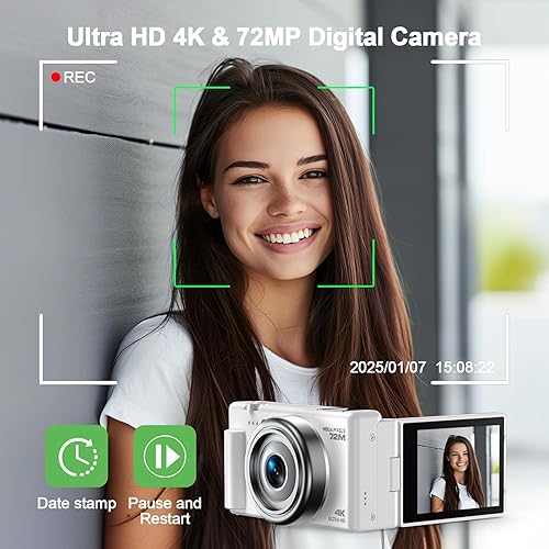 Miniatura 2 de Cámara digital 4K para fotografía, cámara de videoblogs de 72 megapíxeles para YouTube, cámaras digitales de enfoque automático con pantalla Blanco