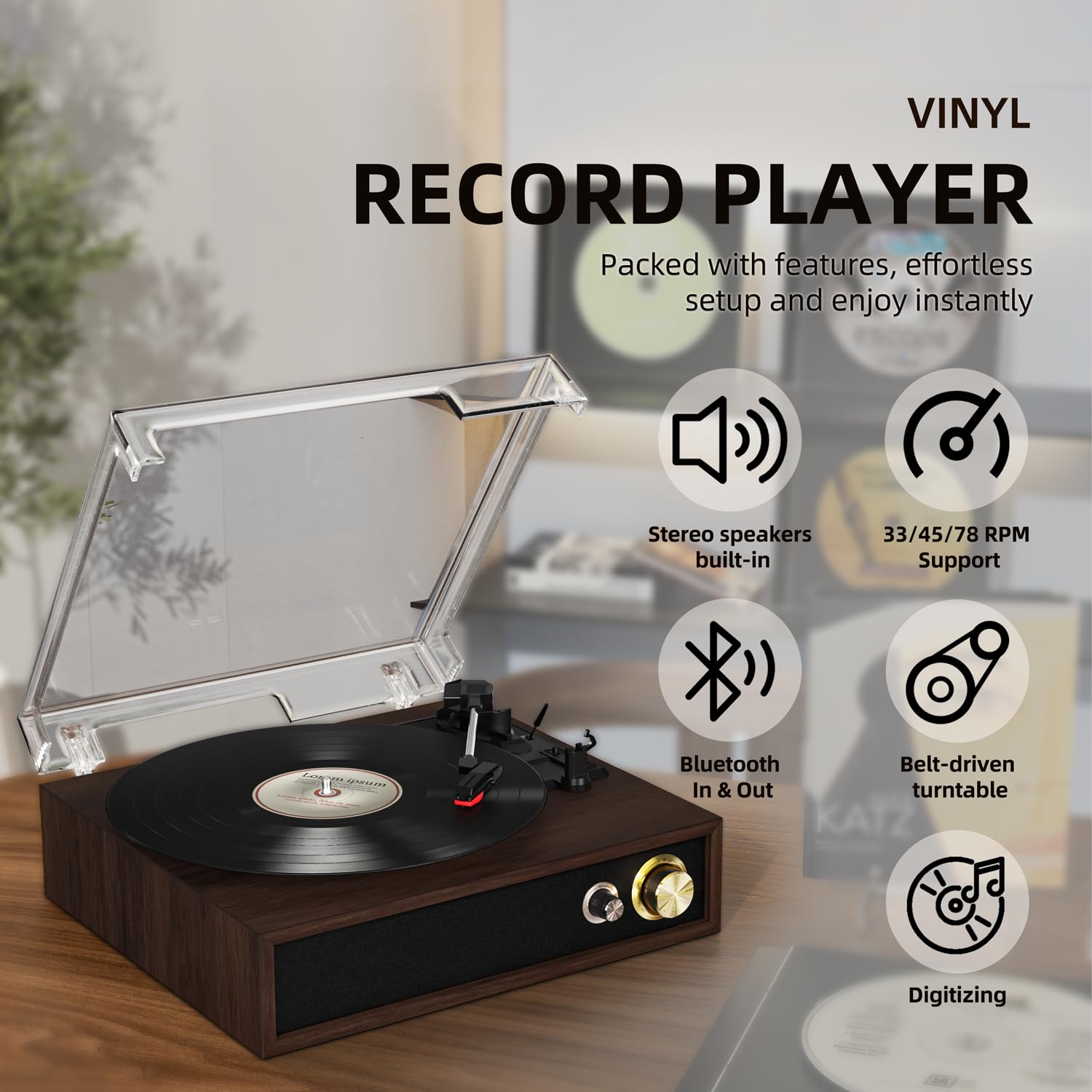 FYDEE Plattenspieler, Vinyl Schallplattenspieler mit Bidirektionalem Bluetooth 5.4, USB-Aufnahme Ohne PC & Wiedergabe, Retro Record Player mit 3-Gang & Dual-Lautsprecher, RCA-Ausgang, Rotbraun
