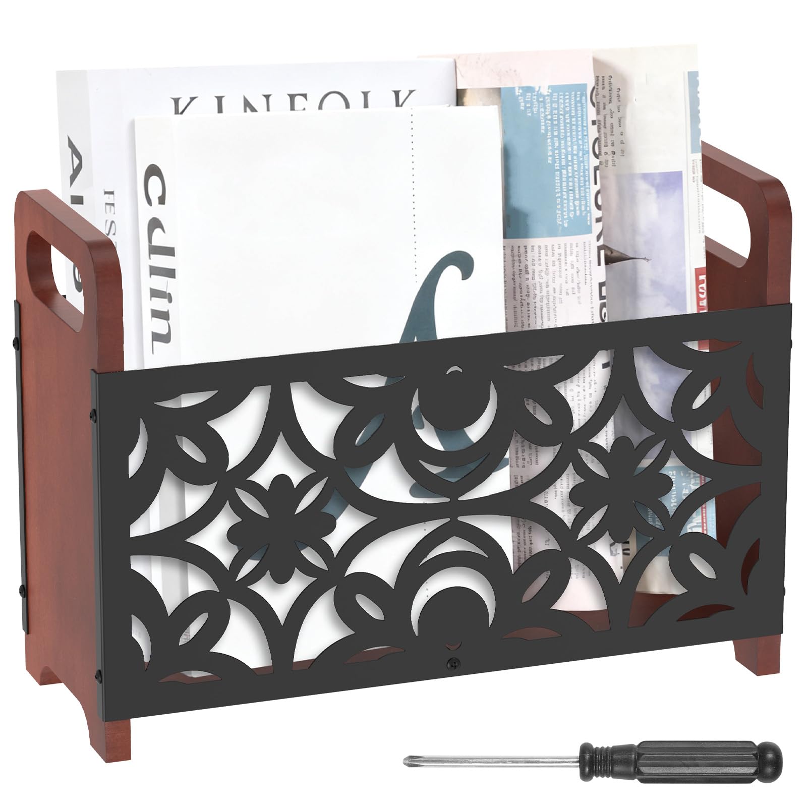 Yunyouc Flower Magazine Rack, Wood Magazine File Holder, Rustic Newspaper Basket, Space Saving Mail Organizer, Folder Organiser Bin For Magazines Books Newspapers Tablets In Living Room Home Office(Flower)