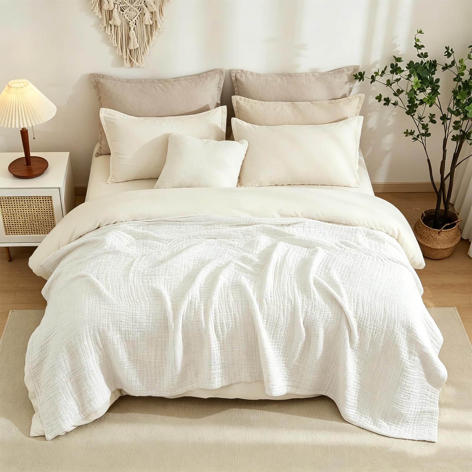Musselin Decke 150x200 cm, Muselindecke Erwachsene 6-Lagige Atmungsaktive Weiche Baumwolldecke, Sommerdecke für Chlafzimmer, Wohnzimmer, Couch, Weiß