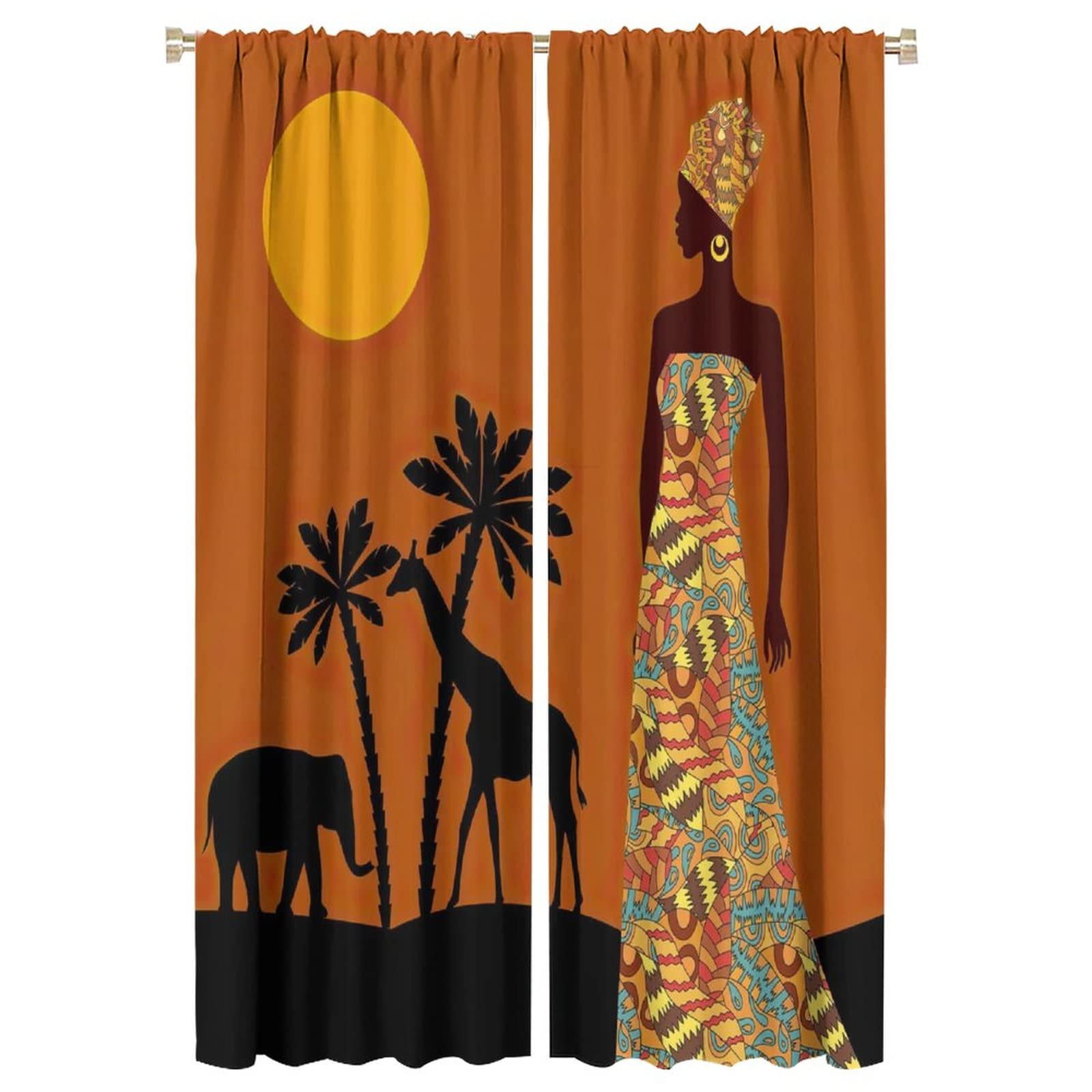 JESTRONRY Black Girl Curtains for Living Room,African Woman Window Treatments Kids Bedroom Curtain,Tropical Landscape Style Home Decor Blackout Drapes W42xL63in