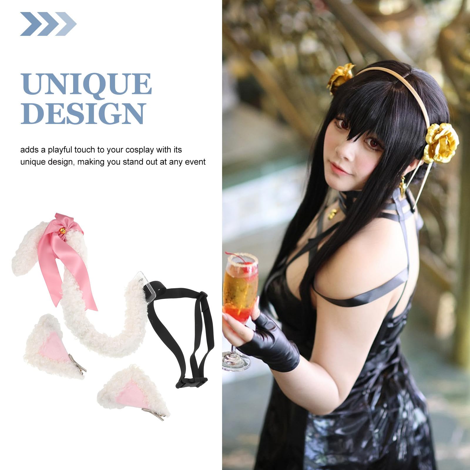 SEWACC 3 Juegos Set de Accesorios para Cosplay Orejas y de Gato Rosa de Felpa, Pajarita y Campana Metálica, Portátil para Fiestas Temáticas y Disfraces de Mujer