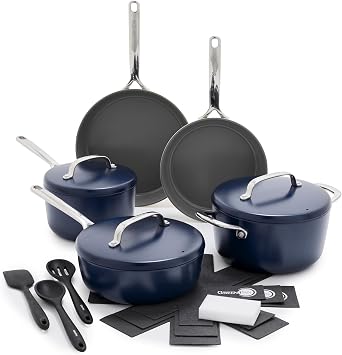 GreenPan GP5 Hard Anodized Healthy Ceramic Nonstick 14 Piece Cookware Pots and Pans Set,Heavy Gauge Scratch Resistant,Stay-Flat Surface, Induction, Mirror Finish Handle,Oven Safe,PFAS-Free, Blue