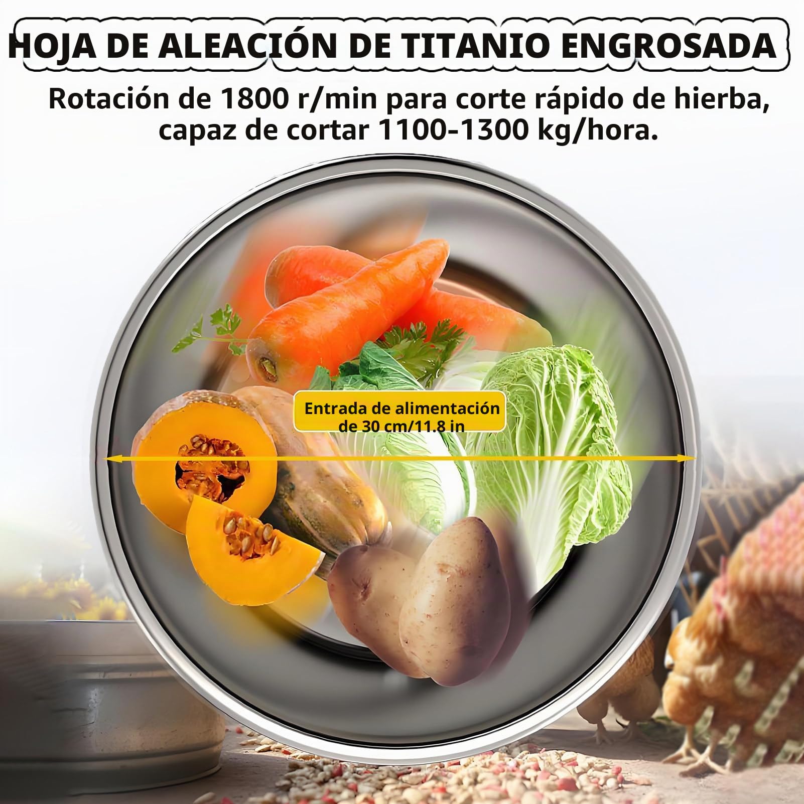 Picadora y Trituradora para Procesamiento de Alimento para Aves, de Acero Inoxidable de Alta Resistencia con 4 Cuchillas, Corte Rápido de 1800 RPM, para Vegetales, Granos, Maní 1200W