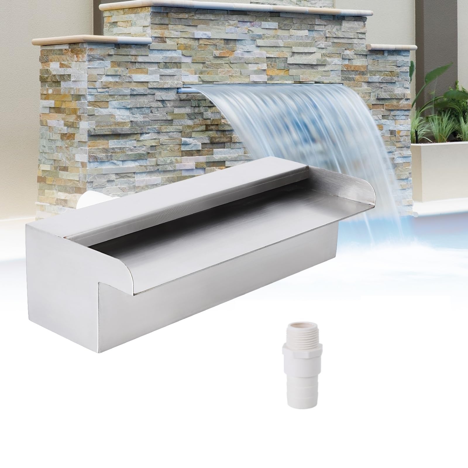 AffinityFurn 304 Stainless Steel Waterfall Pool Fountain with Connector, 45cm Water Feature Spillway, Pond/Pool Rectangular Cascade Water Feature Waterfall Blade for Garden Pond, Swimming Pool