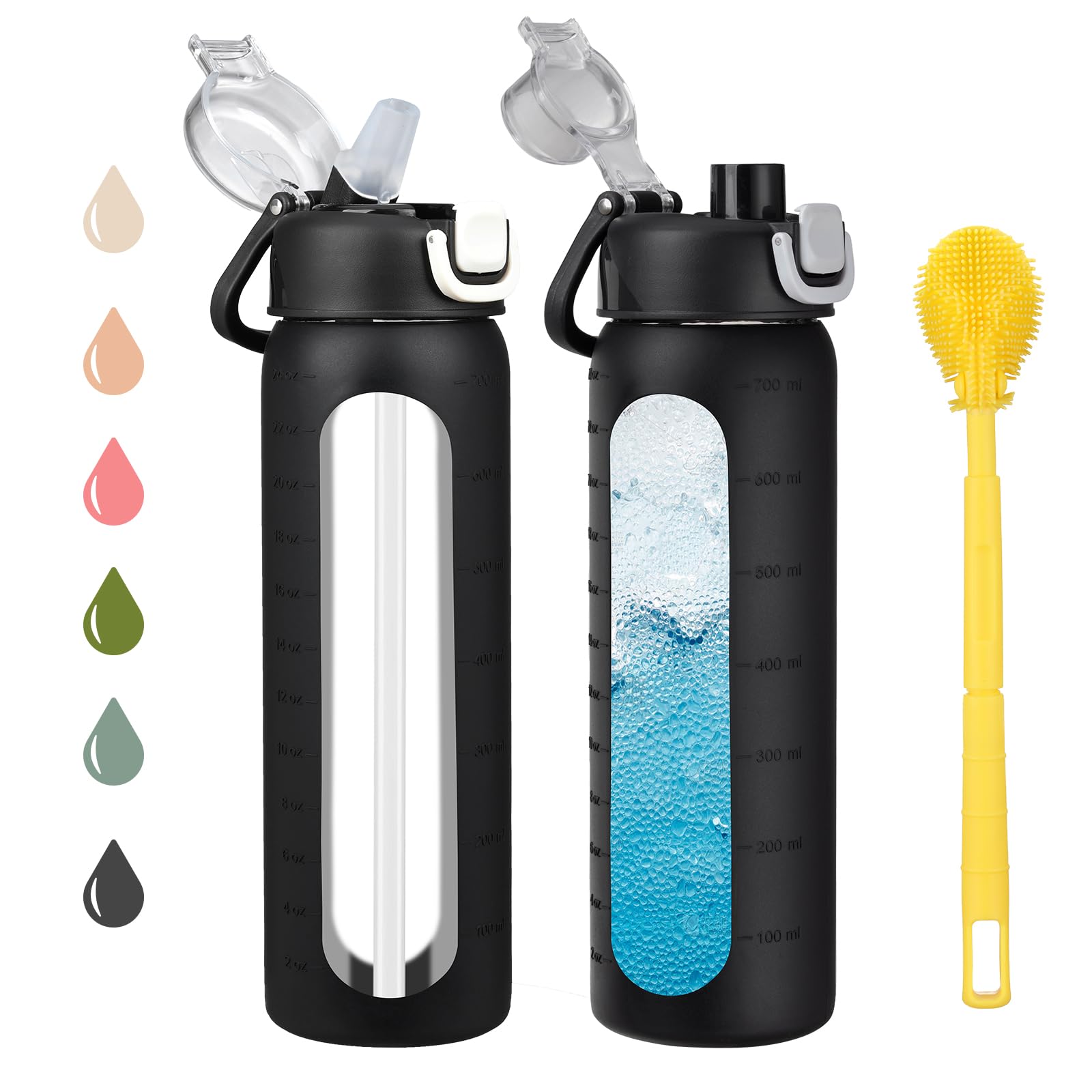 chunmo Bouteille d'eau en verre de 710 ml avec 2 couvercles, couvercle à bec verseur et couvercle à paille, bouteille d'eau motivante avec marqueur de temps et manchon en silicone, étanche, noir