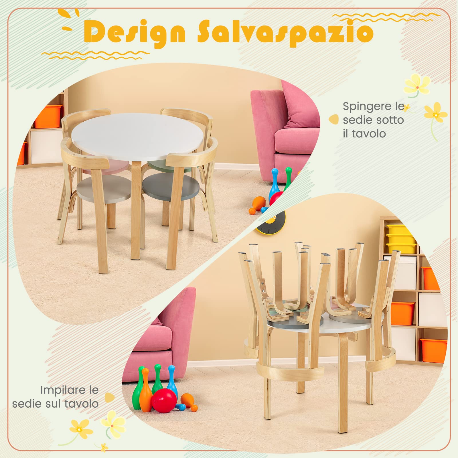 RELAX4LIFE Set di Mobili 5 Pezzi, Tavolo Attività e 4 Sedie per Bambini in Legno per Scuola, Stanza dei Giochi e Camera, +4 Anni