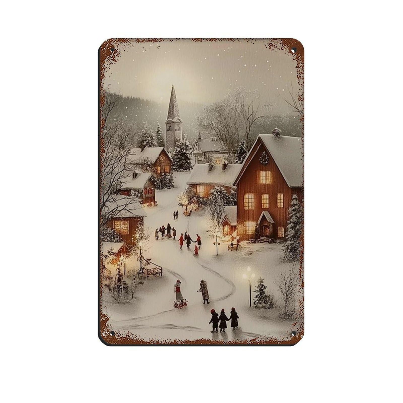Snowy Christmas Art, Vintage Town City Village Tin Sign Vintage Metal Pub Club Cafe Bar Home Wall Art Decoration Poster Retro 8x12inch(20x30cm)