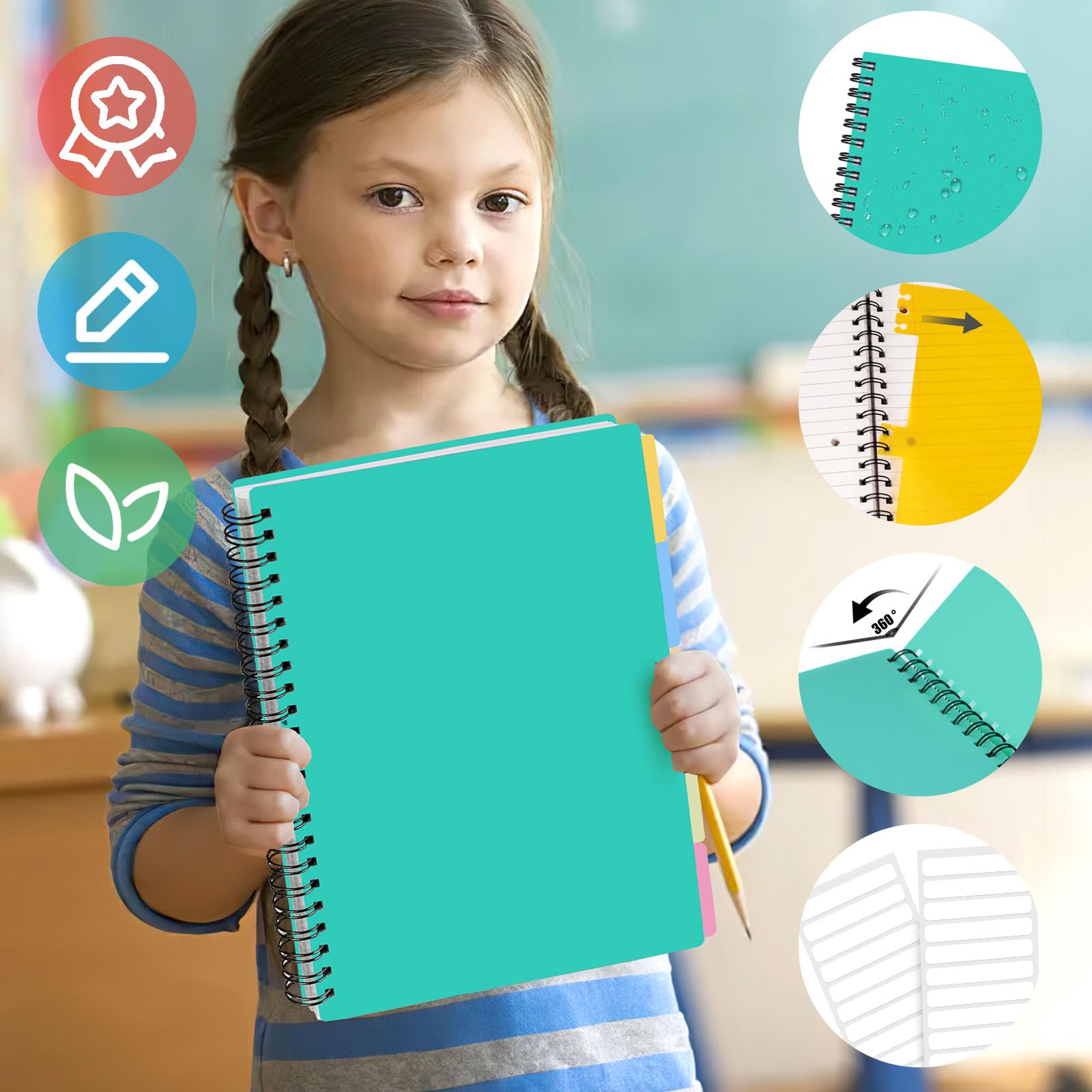 Koogel Green 5 Subject Spiral Notebook with Tabs, 200 Pages College Ruled Perforated 3-Hole Punched - Image 3