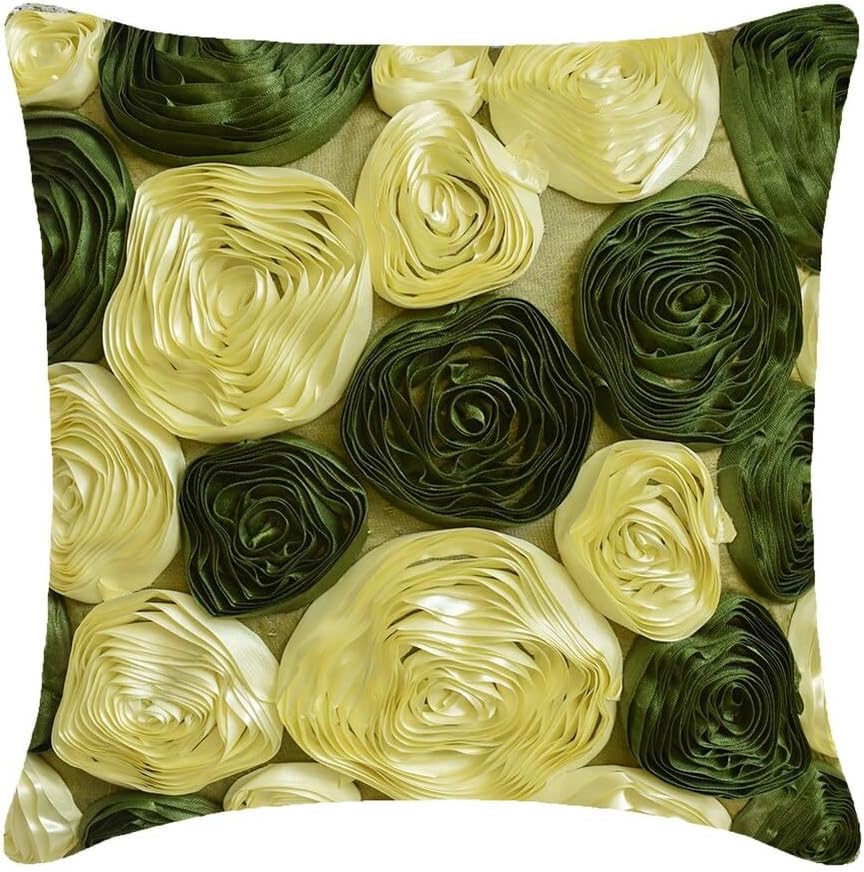 The HomeCentric Euro Pillow, Olive Green Euro Pillow Covers 26x26 inch (65x65 cm) Silk Euro Sham Covers, Nature & Floral, Ribbon Embroidery, Modern Euro Size Pillow Shams - Vintage Olive Lover