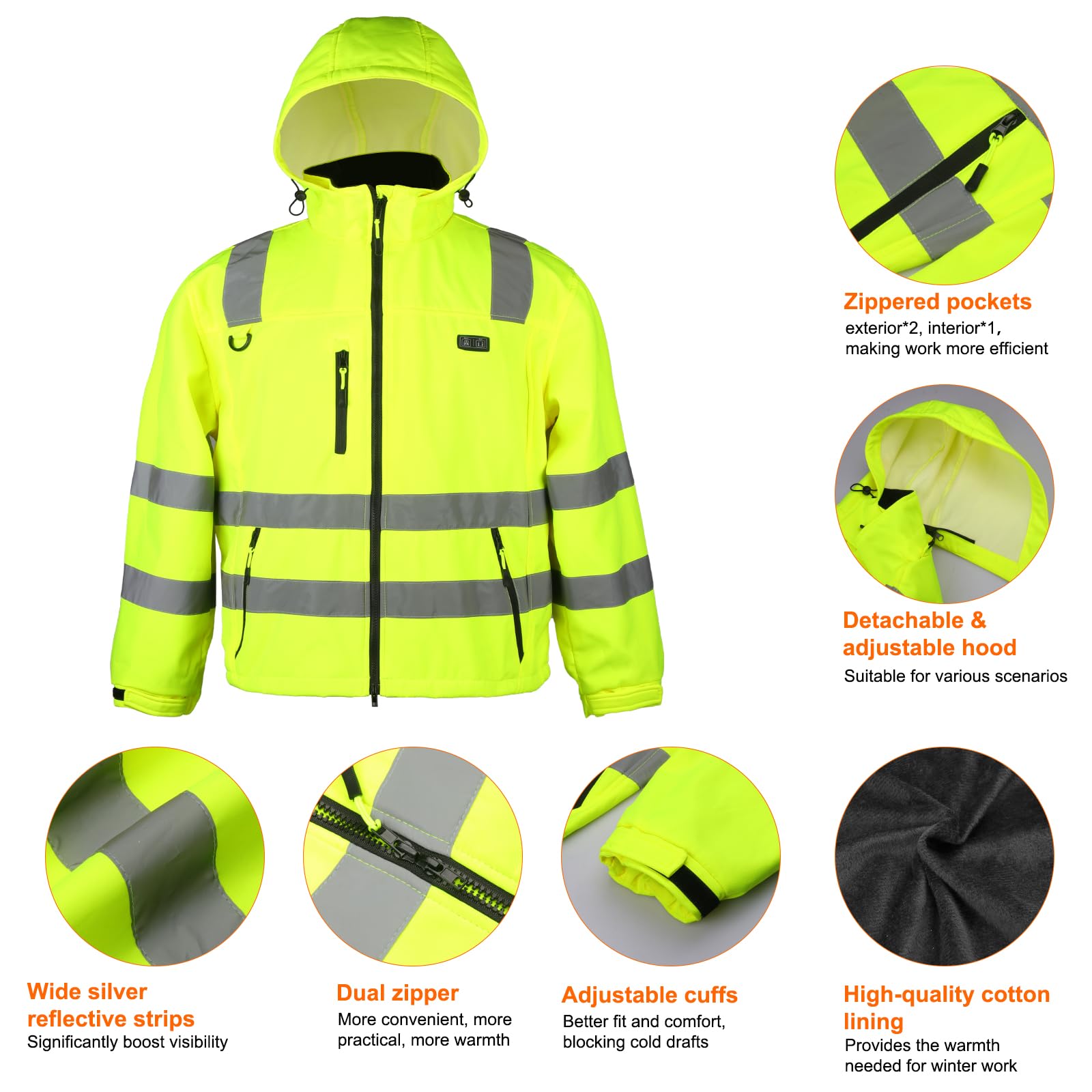 Hi-Vis 4 in1 Giacca Pilota Con Rivestimento in Feltro, Batteria da 16000 mAh Giacca da Linvernale da - Giacca Softshell ad Alta Visibilità Uomo con Catarifrangenti 6 Zone di Riscaldamento
